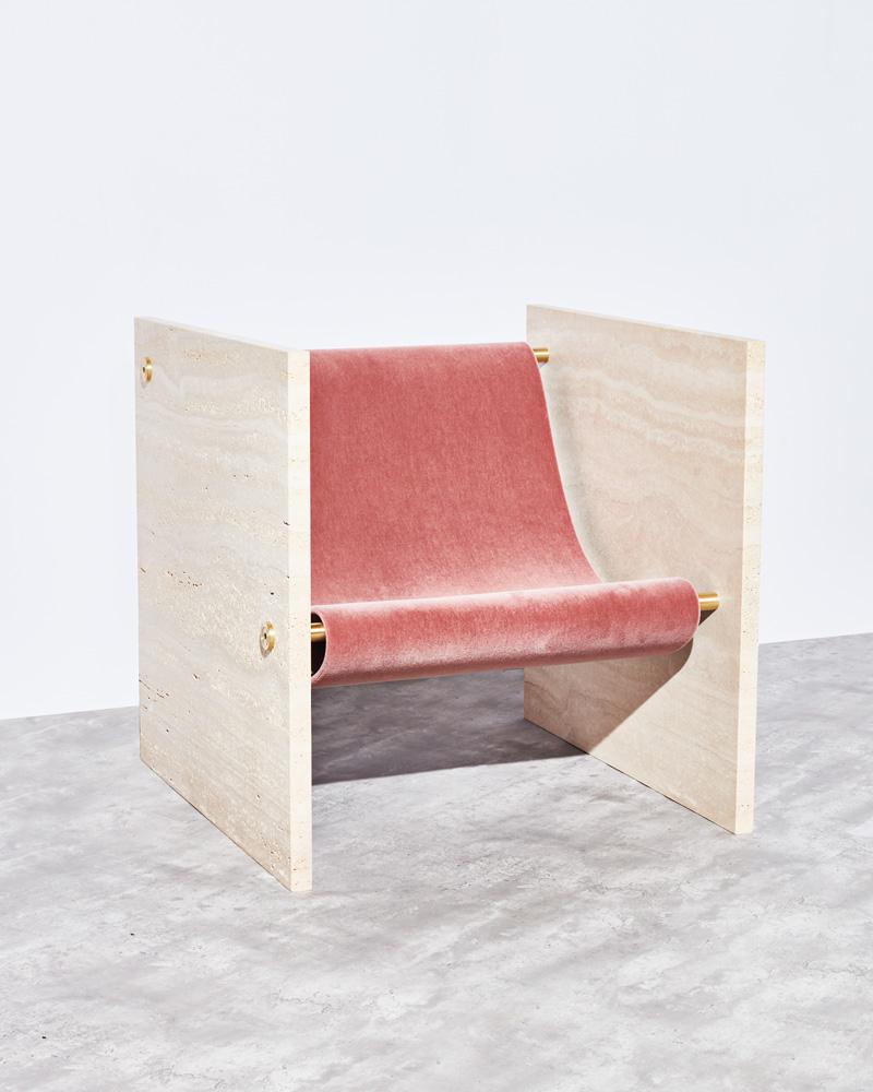 Travertine, Brass, and Mohair Chair by Slash Objects In New Condition For Sale In Brooklyn, NY