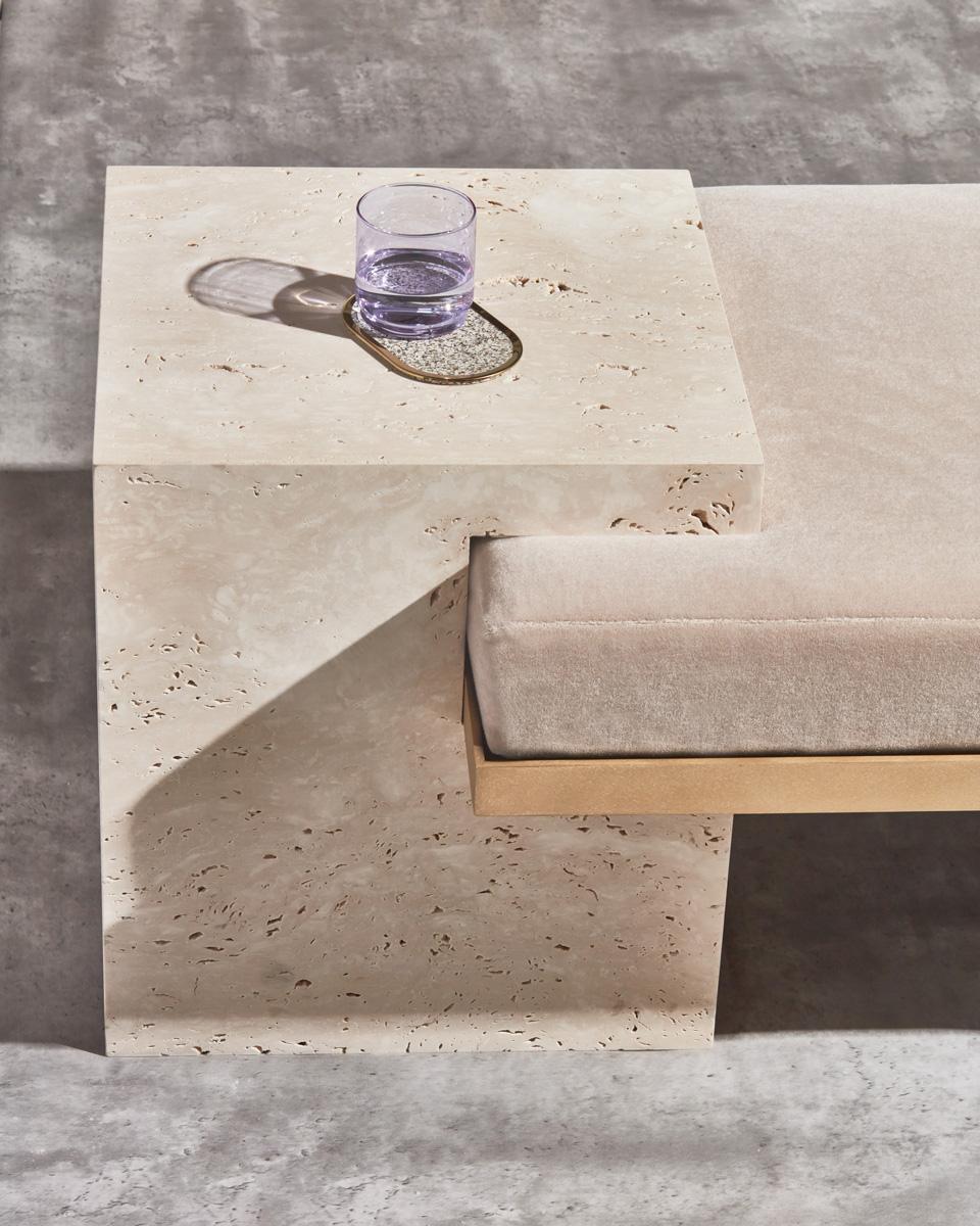Minimalist Travertine, Brass, and Mohair Coexist Bench by Slash Objects For Sale