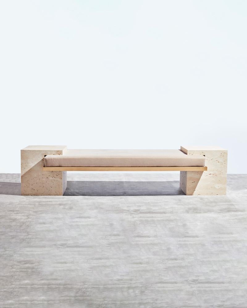 Travertine, Brass, and Mohair Coexist Bench by Slash Objects In New Condition For Sale In Brooklyn, NY