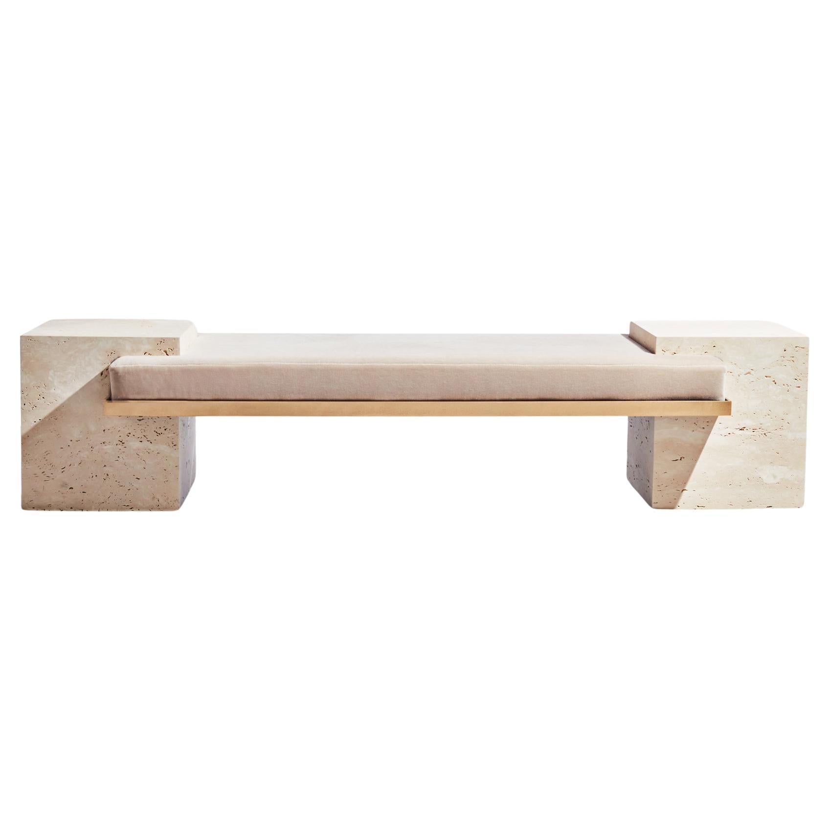 Travertine, Brass, and Mohair Coexist Bench by Slash Objects For Sale