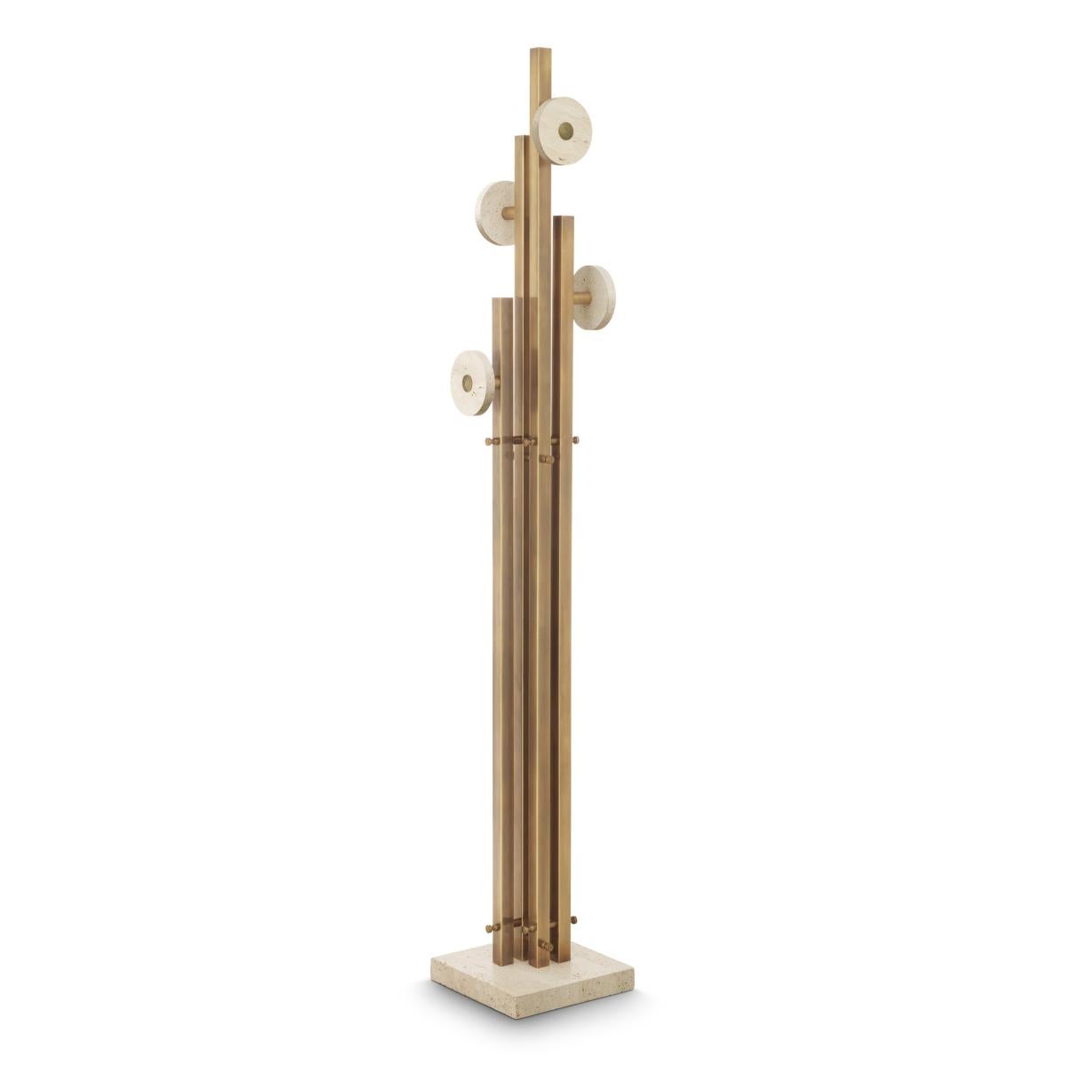 Coatrack Travertine Brass with base and coat handles
in travertine and with stand in stainless steel in vintage
brass finish.