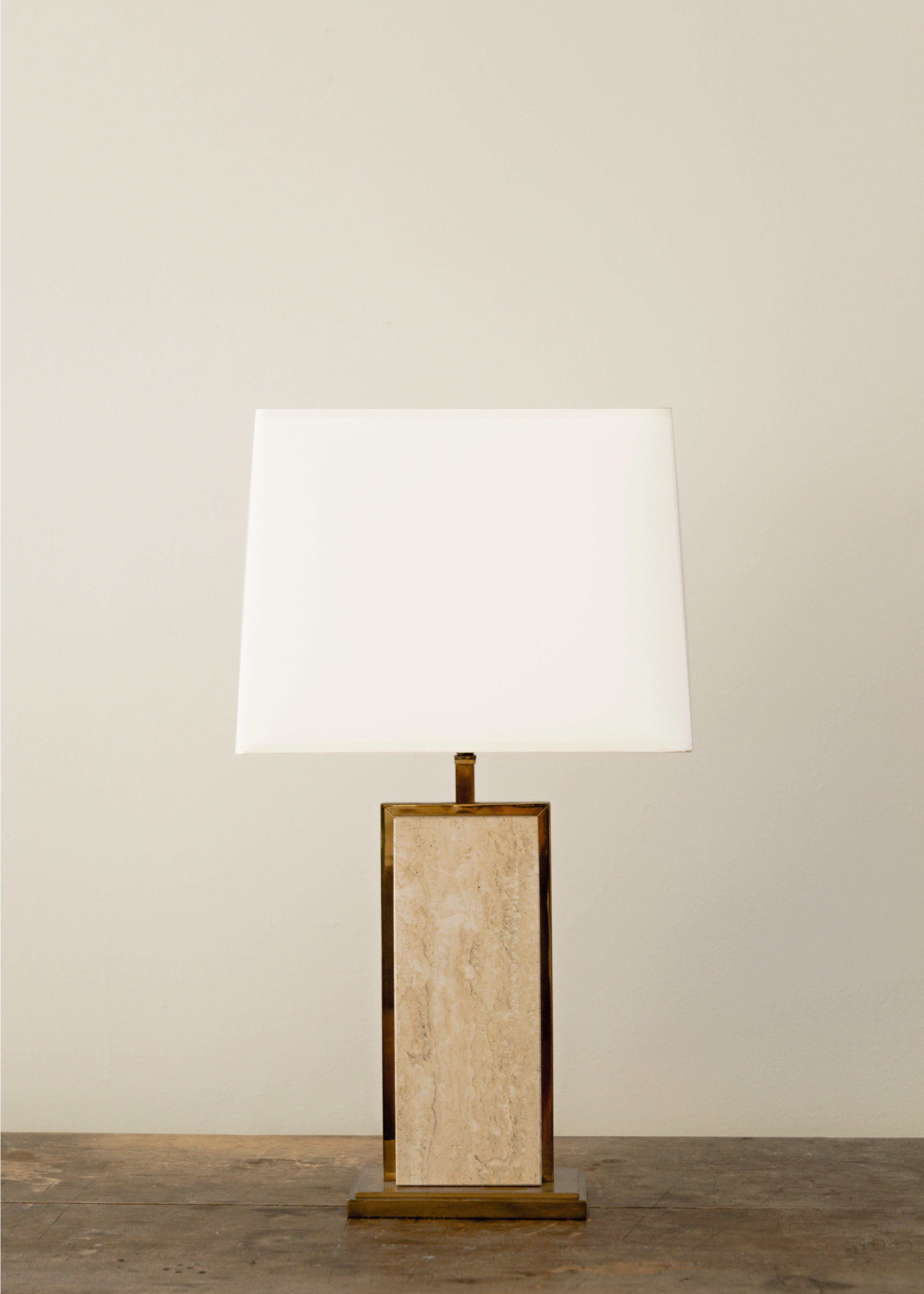 Table lamp with travertine block + antique brass mount base, new wiring and shade, France, circa 1960's.