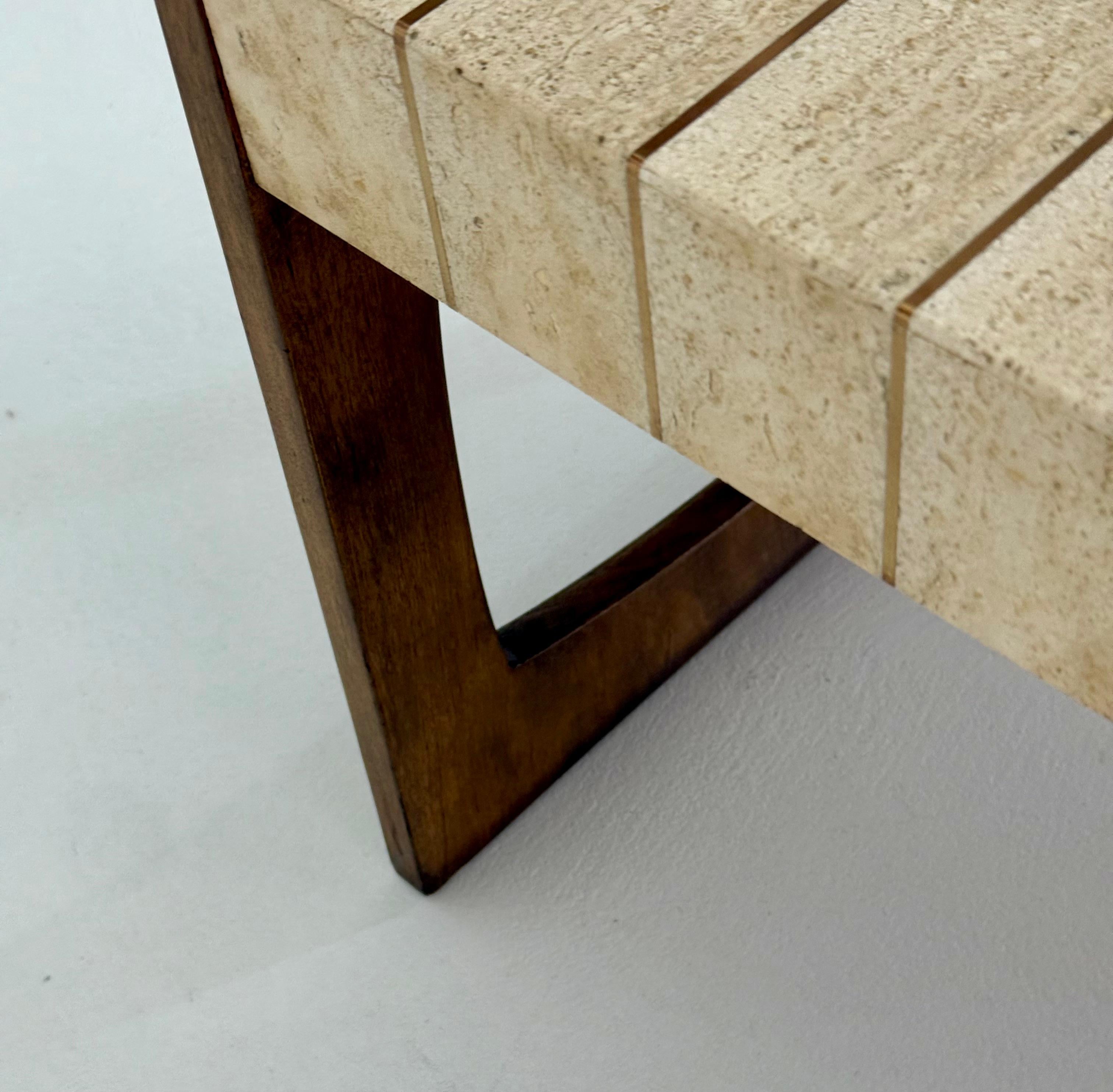 Travertine, Brass & Walnut Cocktail Table by Baker Furniture For Sale 5