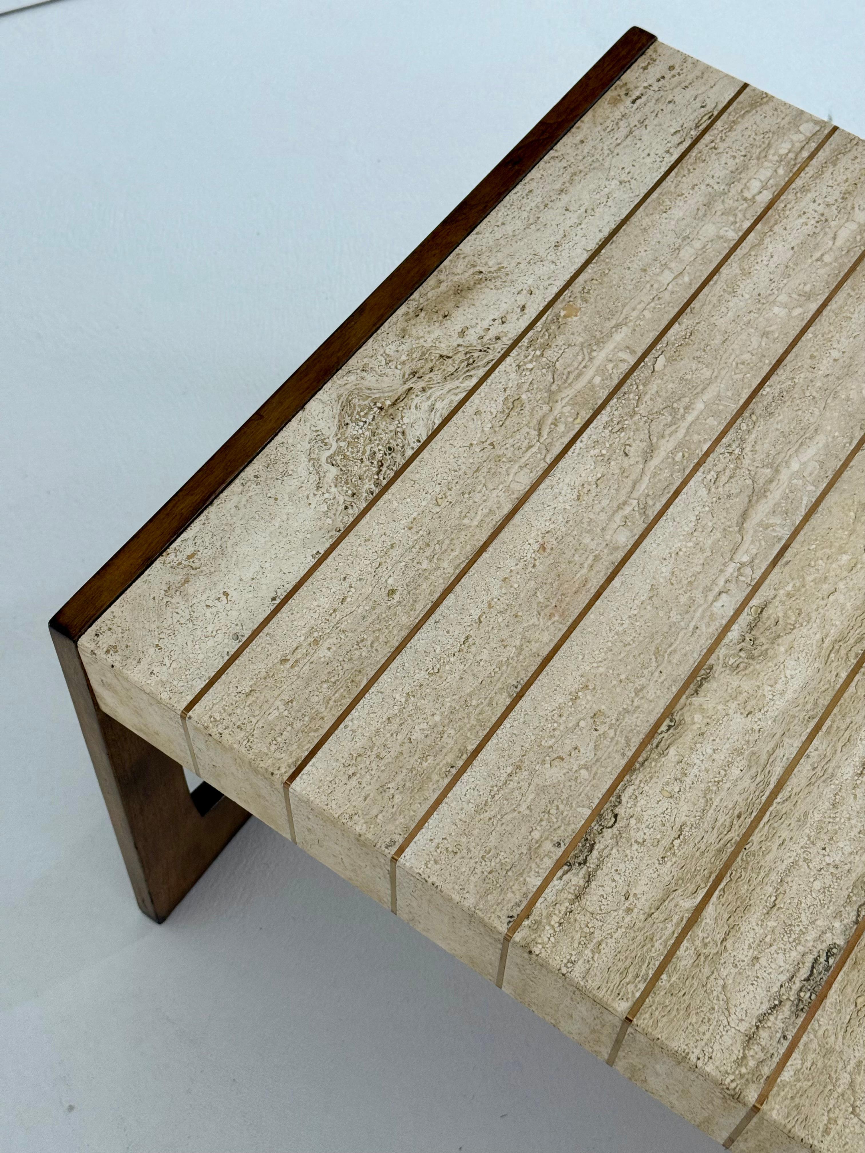 Travertine, Brass & Walnut Cocktail Table by Baker Furniture For Sale 6