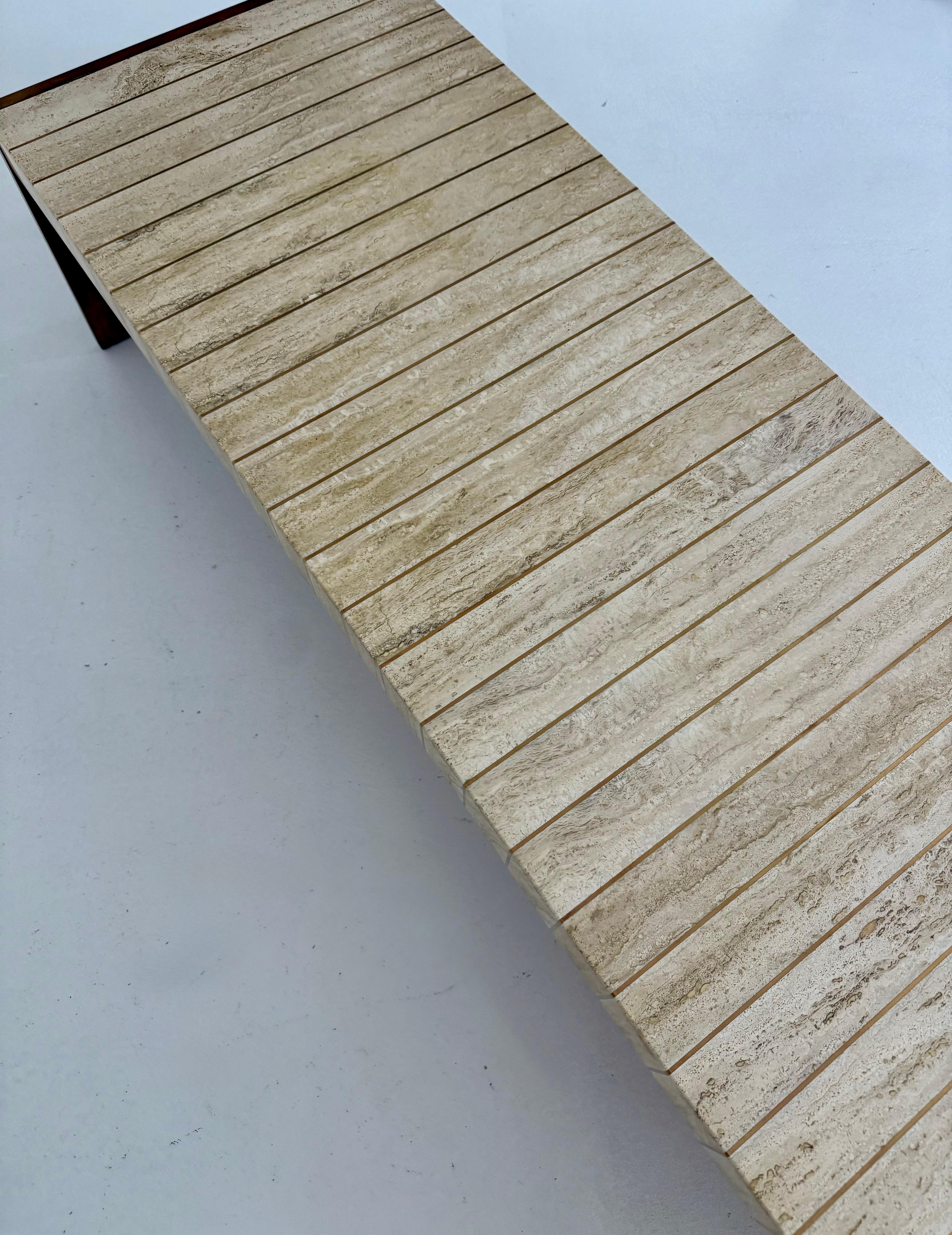 Travertine, Brass & Walnut Cocktail Table by Baker Furniture For Sale 7