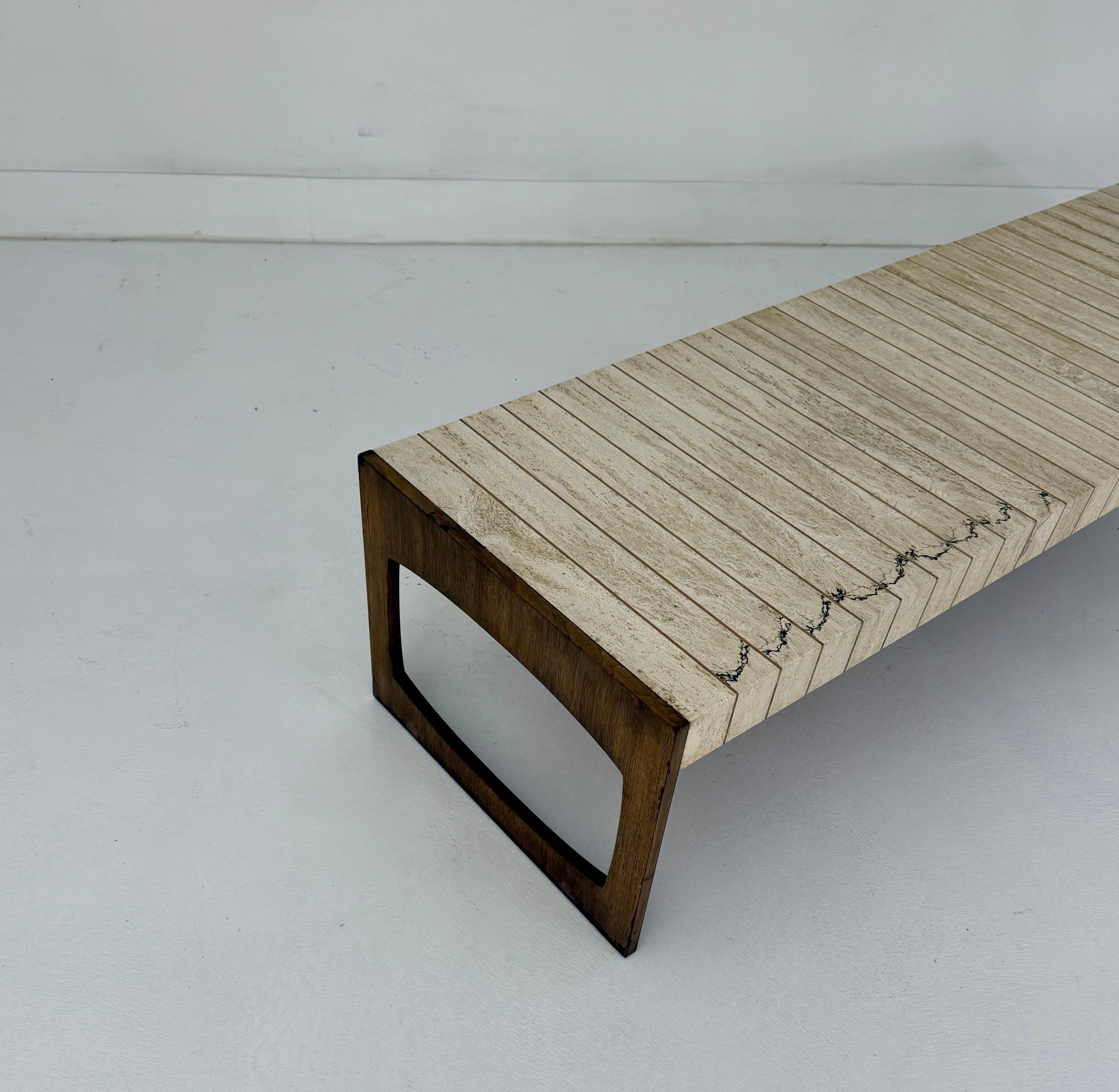 Travertine, Brass & Walnut Cocktail Table by Baker Furniture For Sale 8