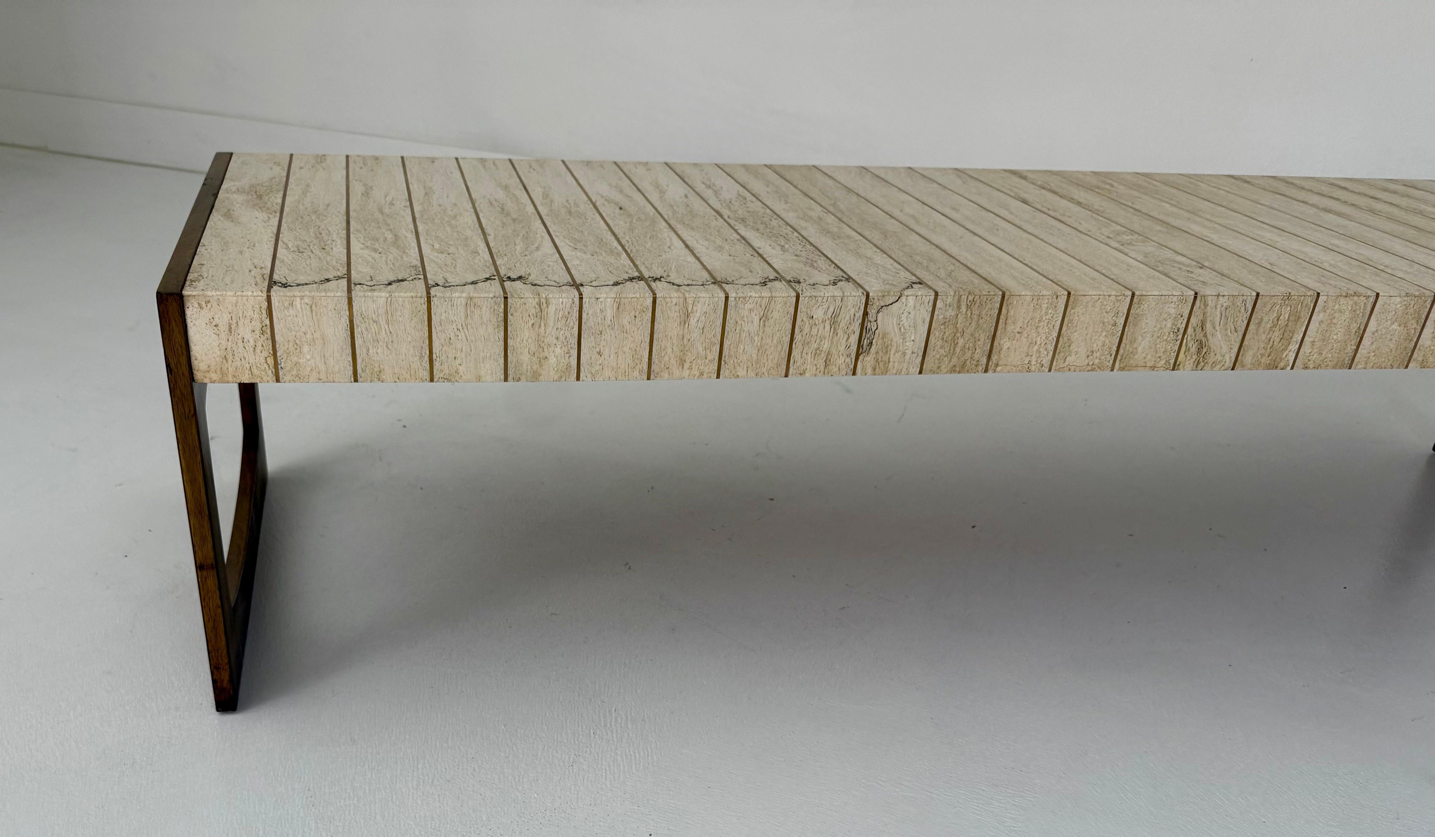Travertine, Brass & Walnut Cocktail Table by Baker Furniture For Sale 9