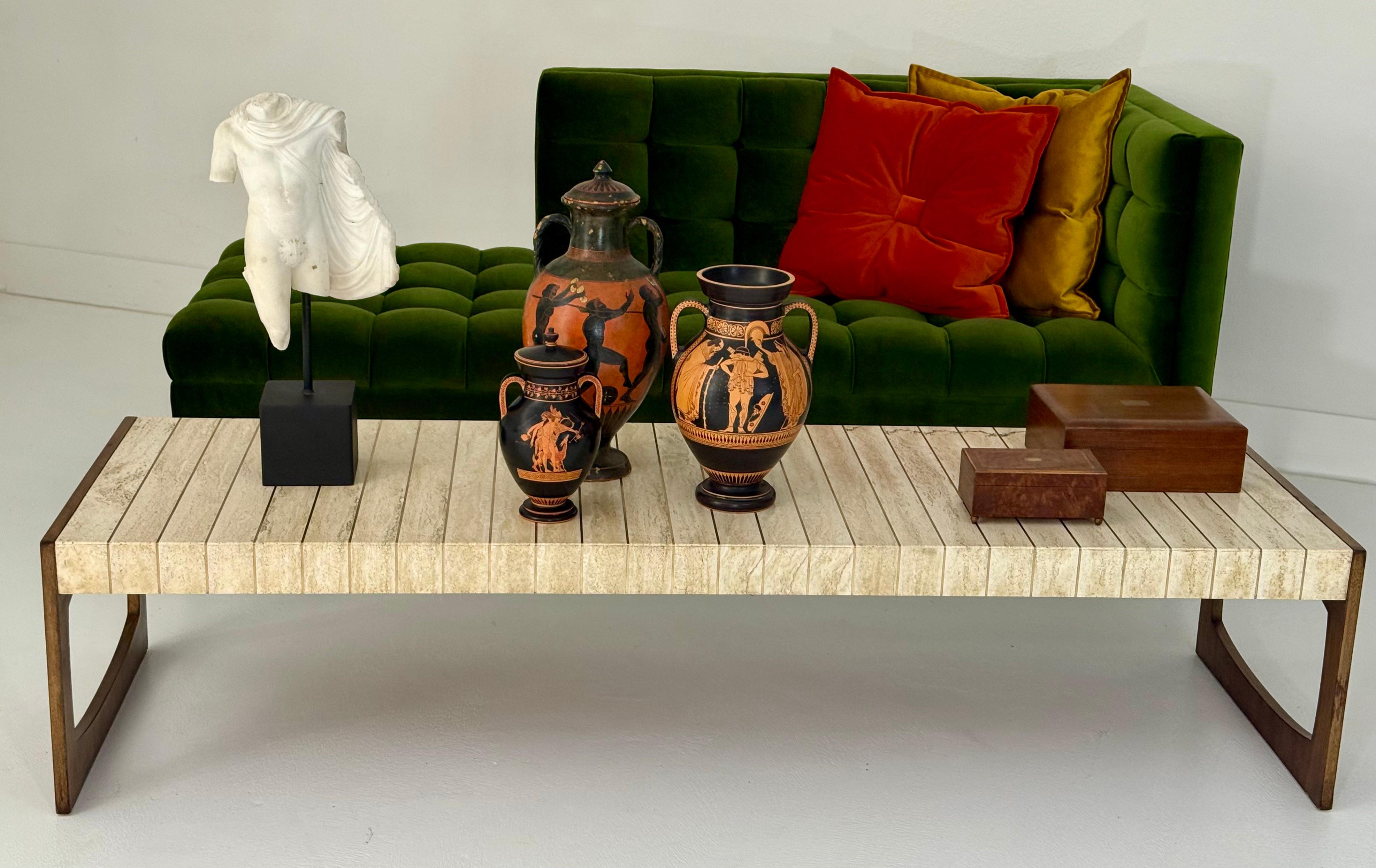 Travertine, Brass & Walnut Cocktail Table by Baker Furniture For Sale 12