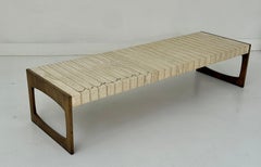 Travertine, Brass & Walnut Cocktail Table by Baker Furniture