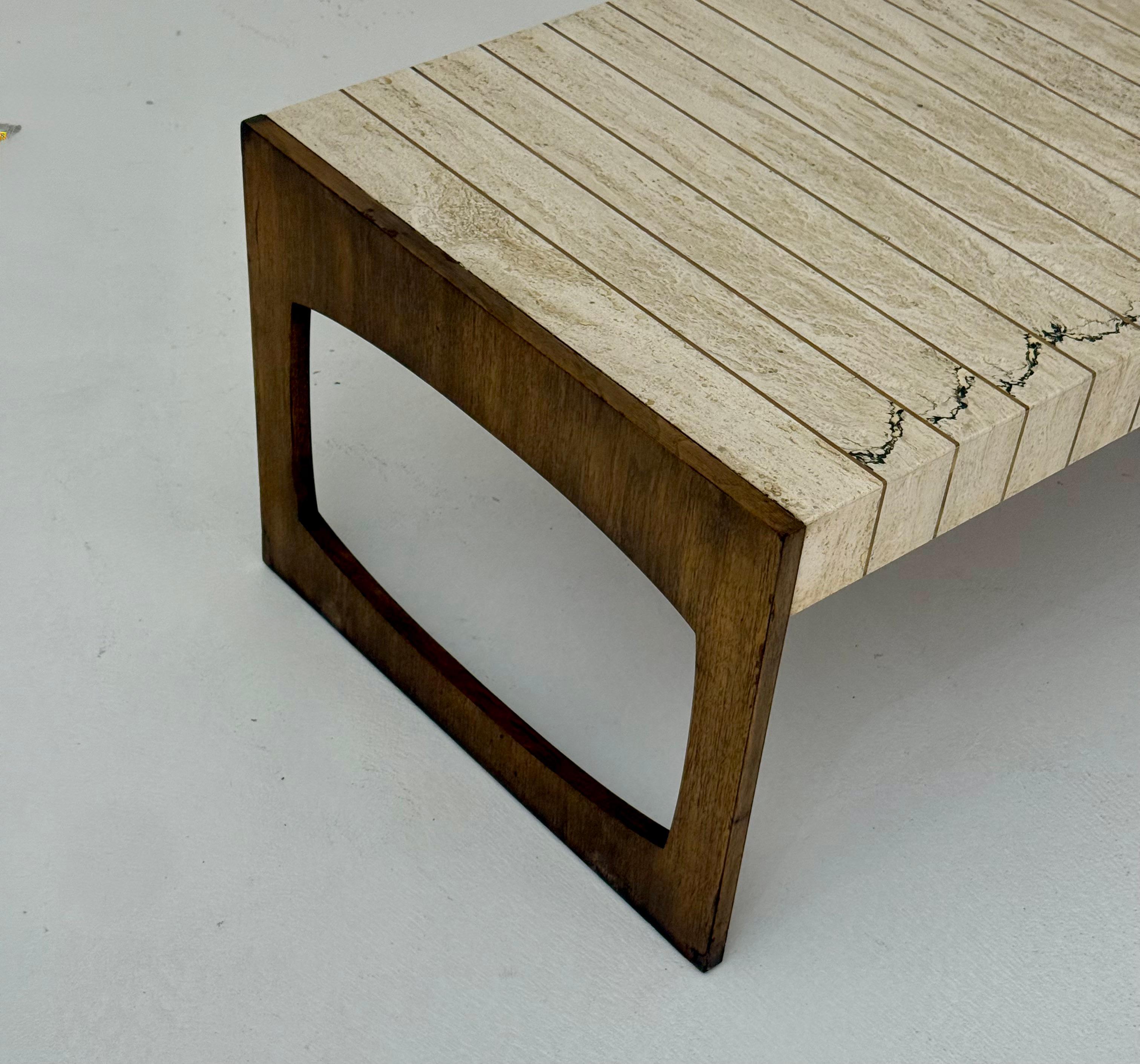 Mid-Century Modern Travertine, Brass & Walnut Cocktail Table by Baker Furniture For Sale