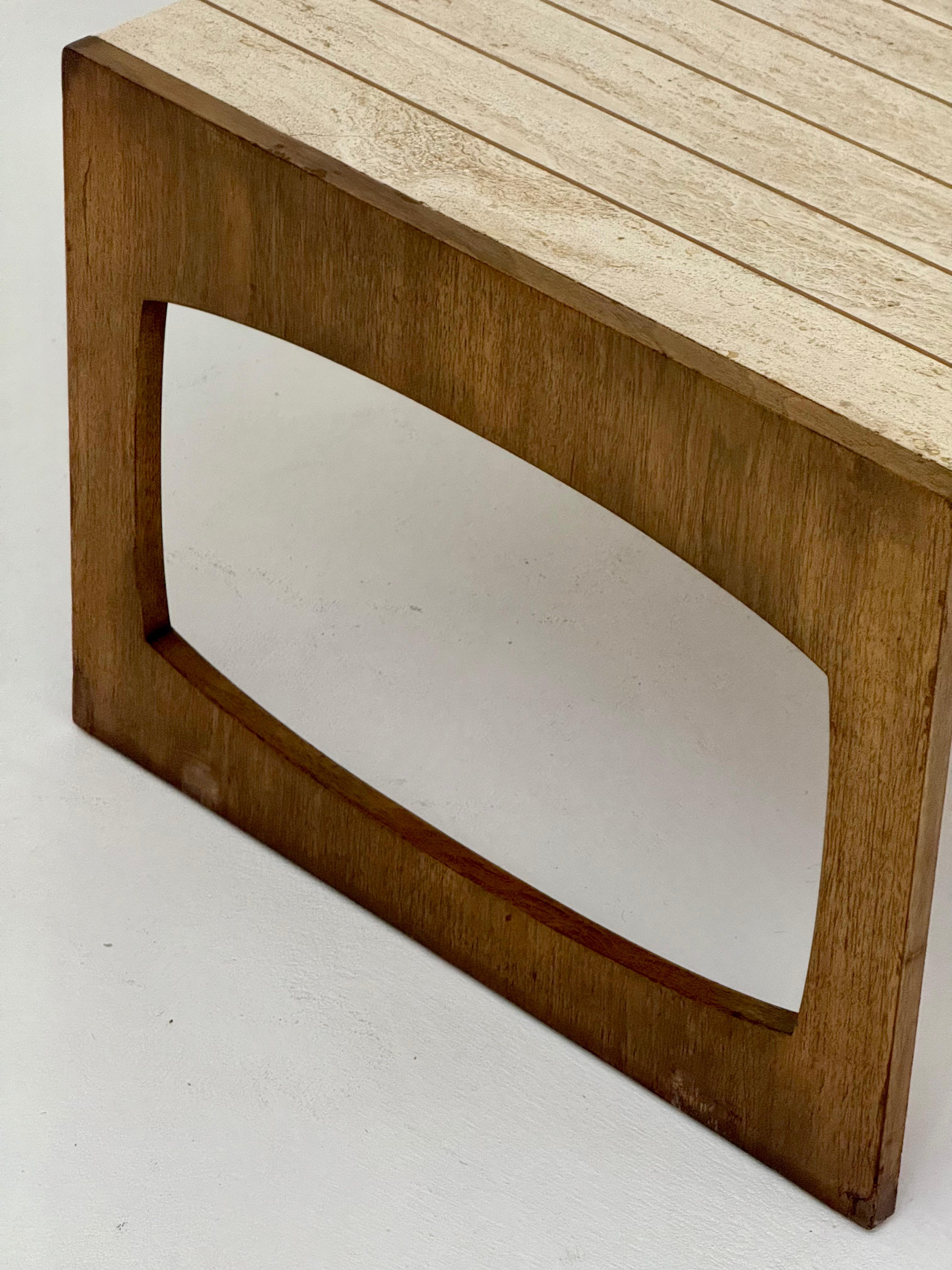 American Travertine, Brass & Walnut Cocktail Table by Baker Furniture For Sale