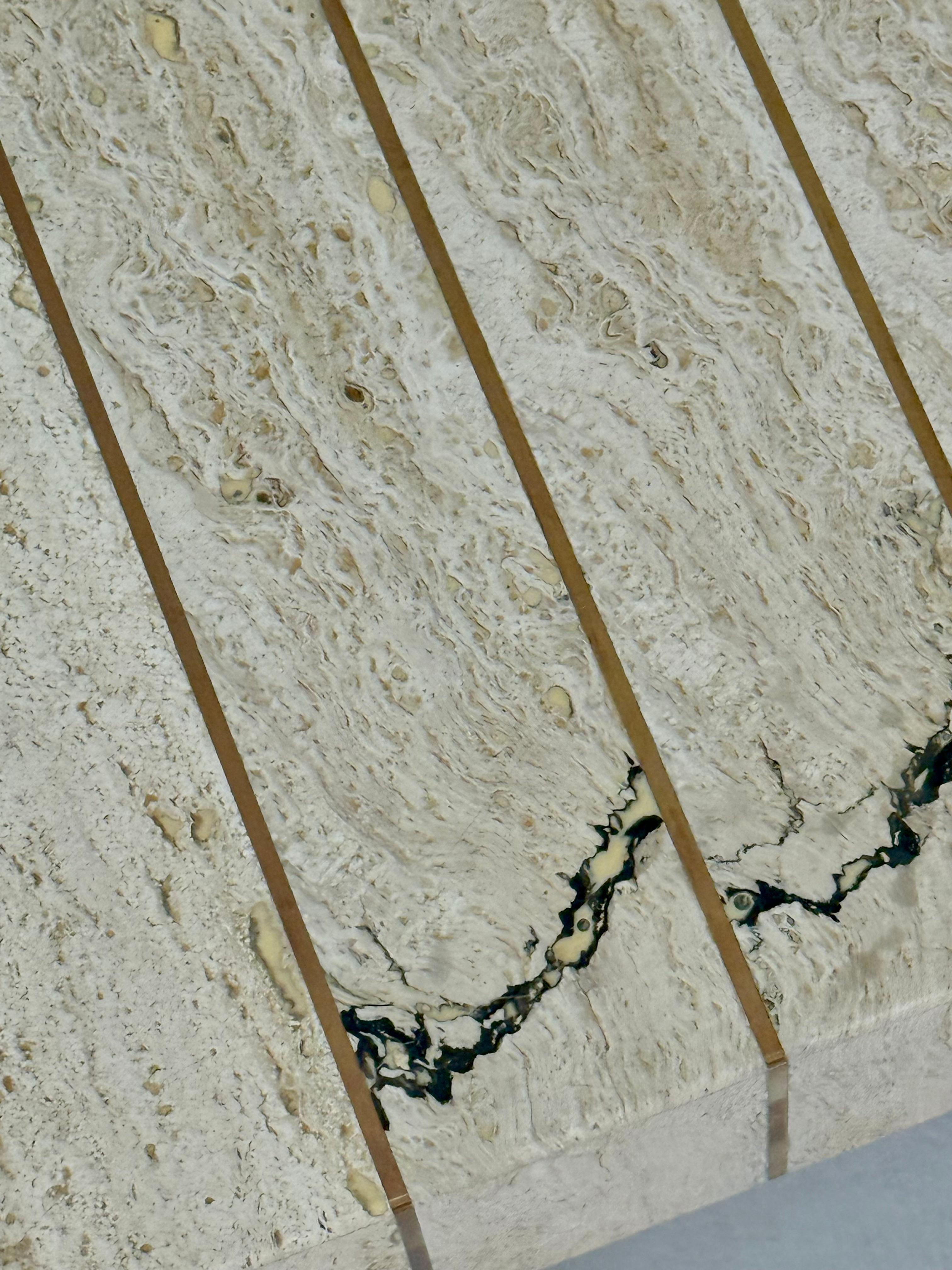 Travertine, Brass & Walnut Cocktail Table by Baker Furniture In Good Condition For Sale In Palm Desert, CA