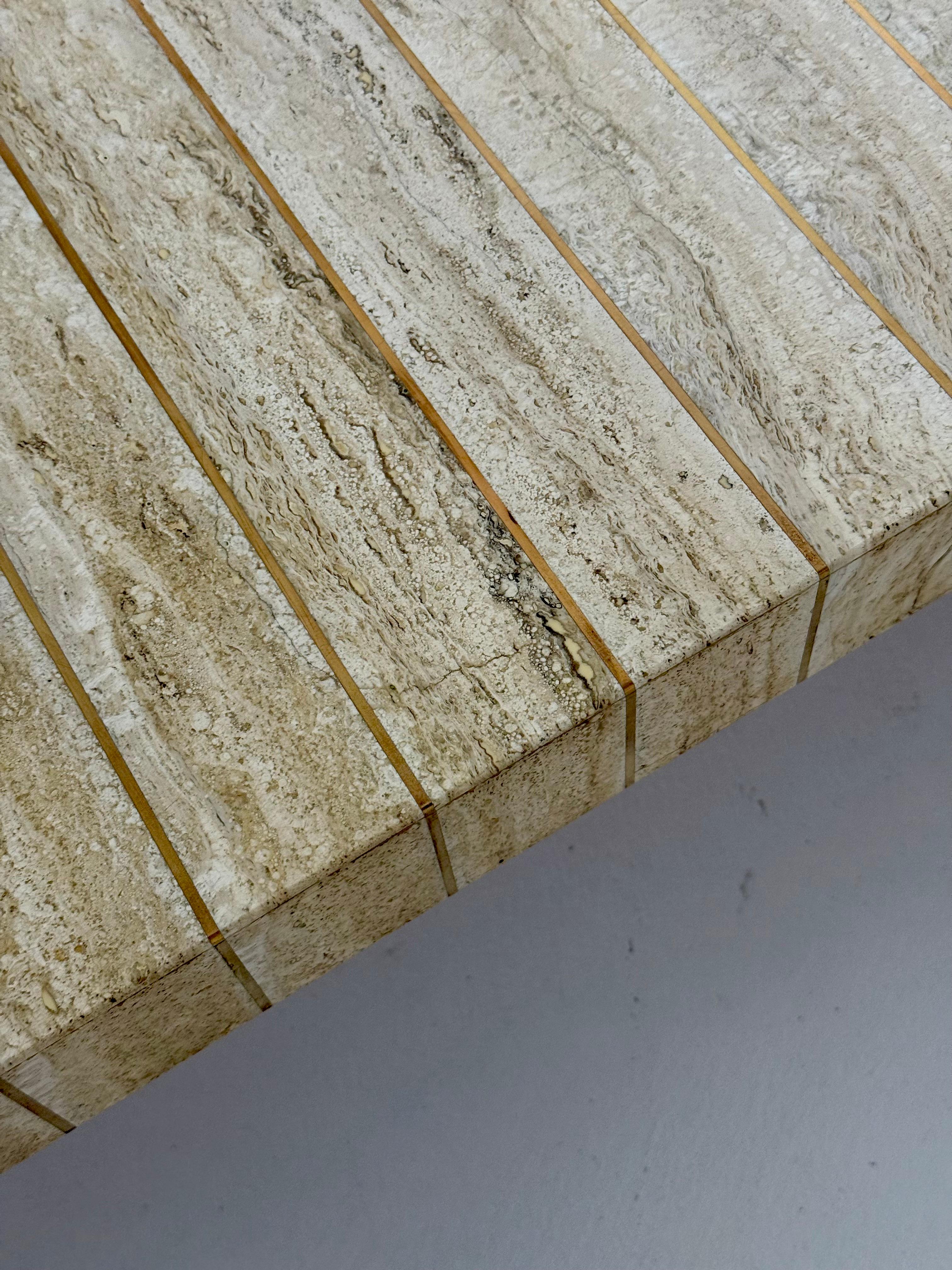 Travertine, Brass & Walnut Cocktail Table by Baker Furniture For Sale 2