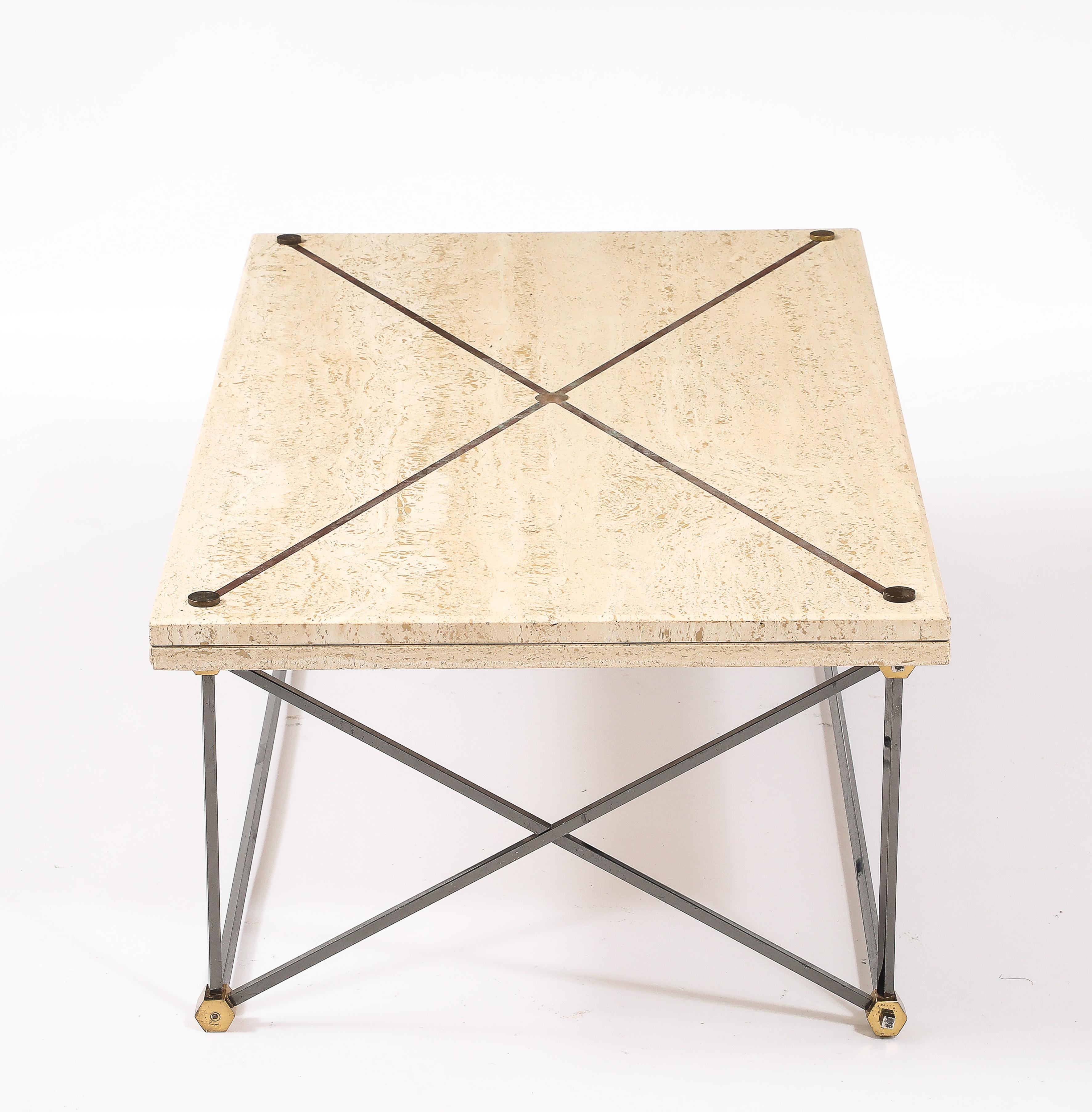 Table basse en travertin, bronze et bronze à canon, France, années 1960 en vente 4