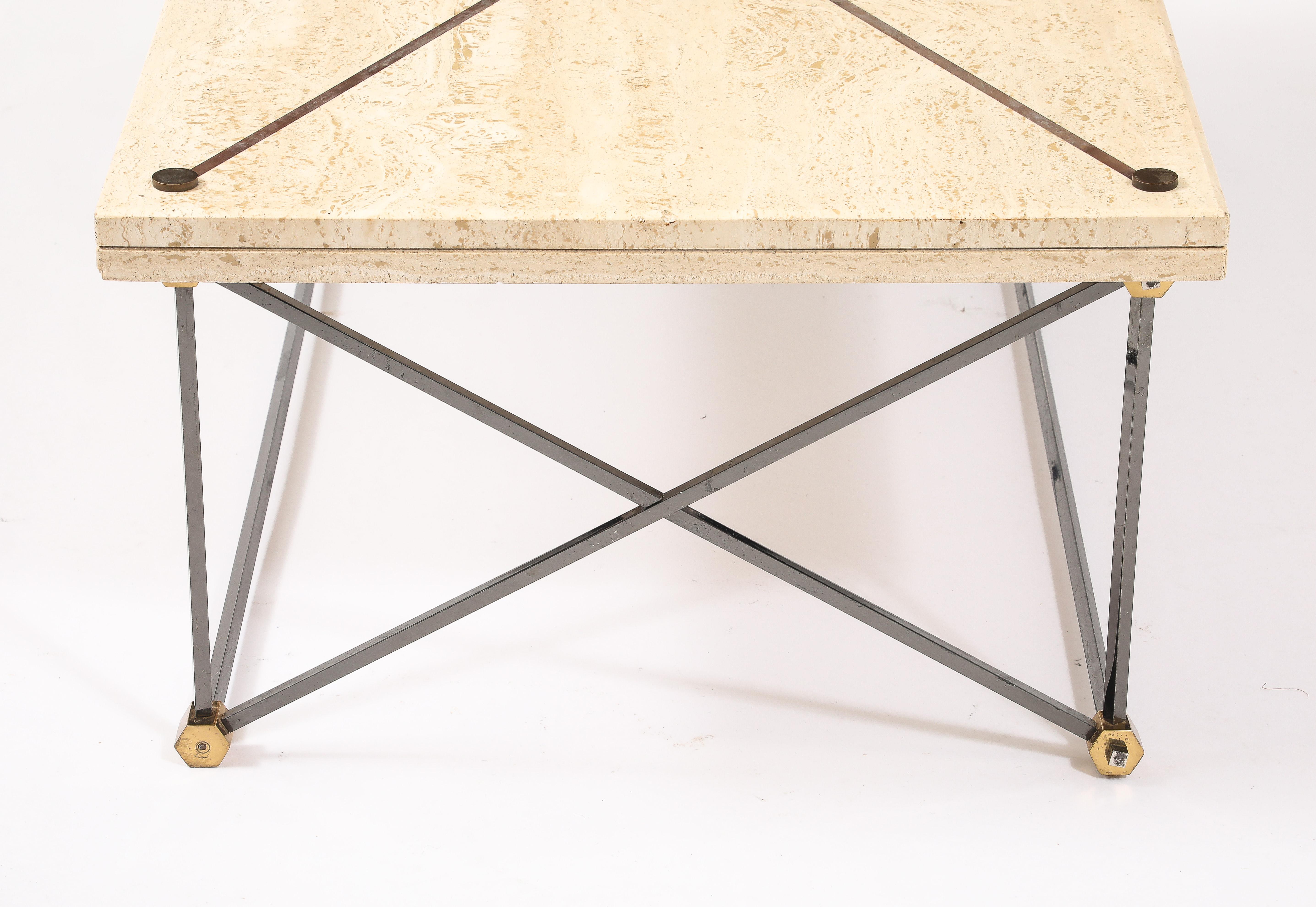Table basse en travertin, bronze et bronze à canon, France, années 1960 en vente 5