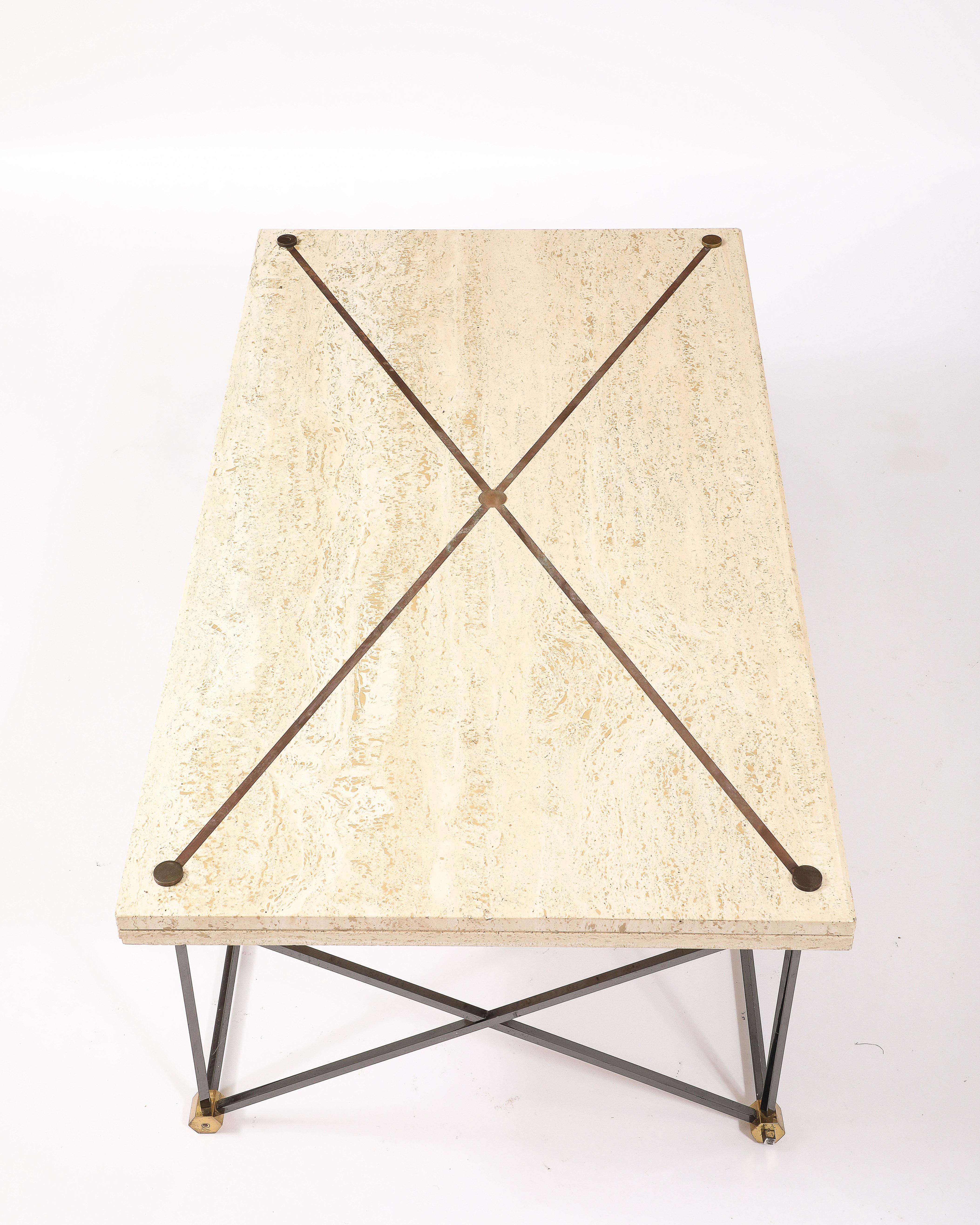 Table basse en travertin, bronze et bronze à canon, France, années 1960 en vente 6