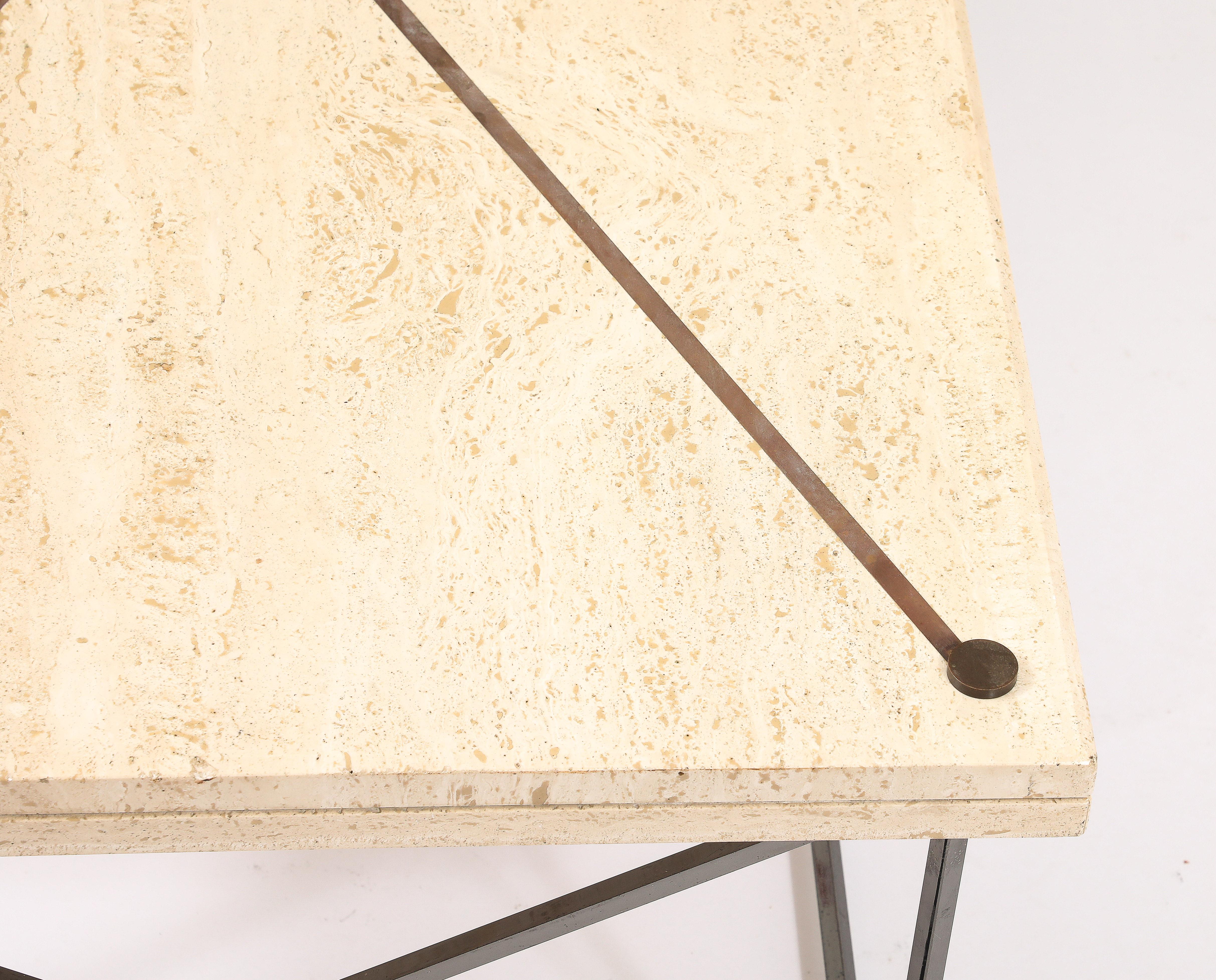 Table basse en travertin, bronze et bronze à canon, France, années 1960 en vente 7
