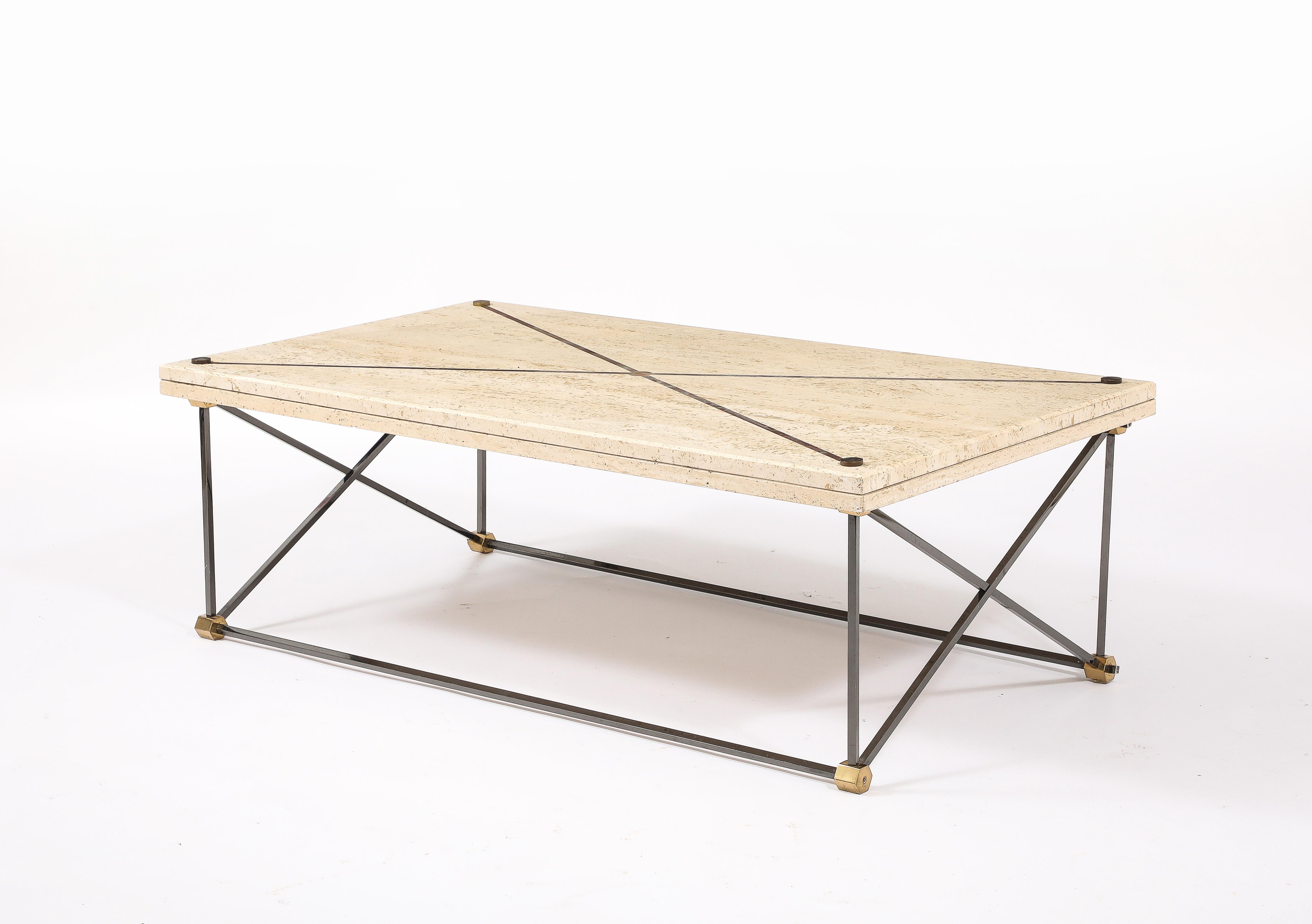 Table basse en travertin, bronze et bronze à canon, France, années 1960 en vente 9