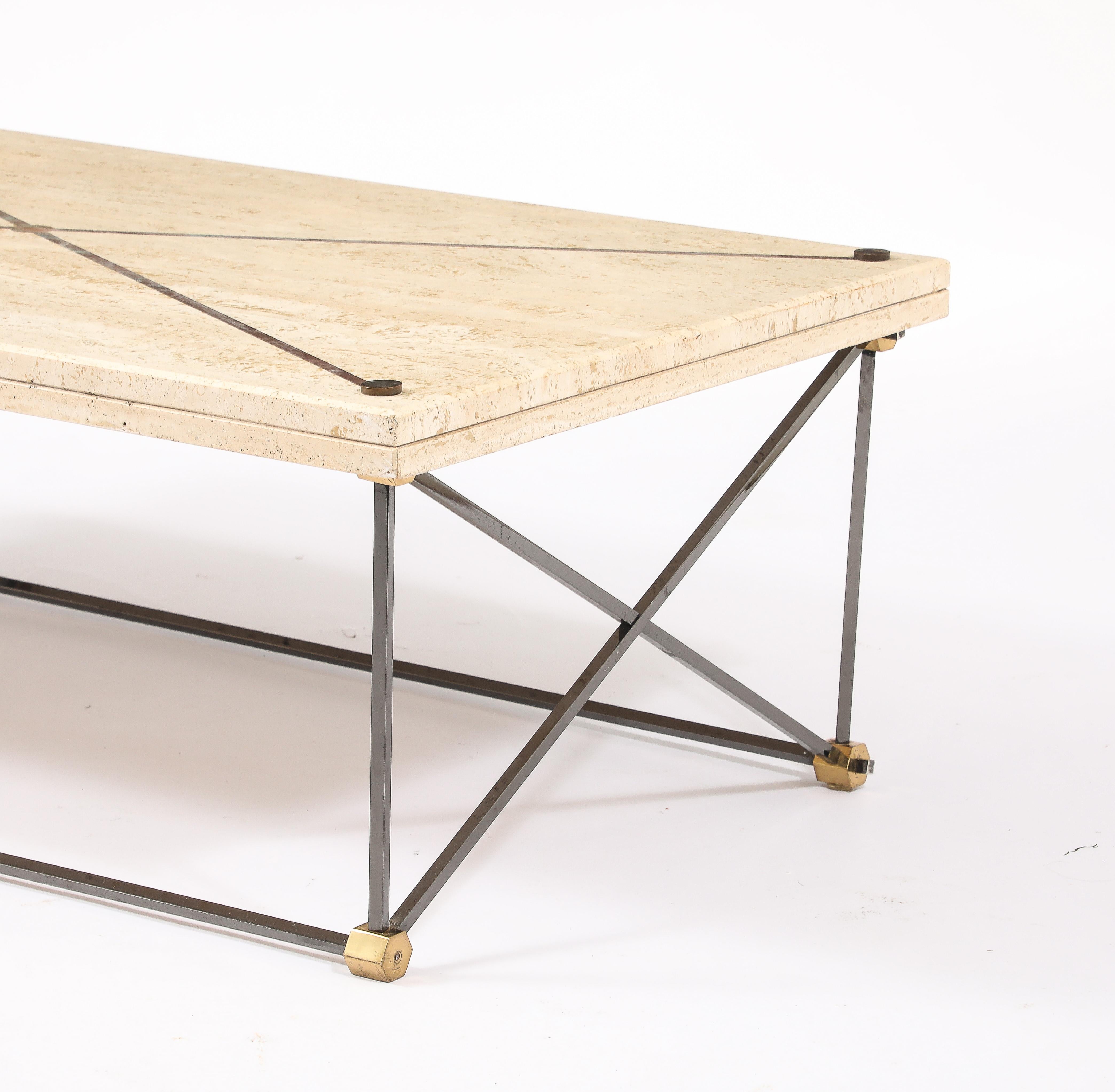 Table basse en travertin, bronze et bronze à canon, France, années 1960 en vente 10