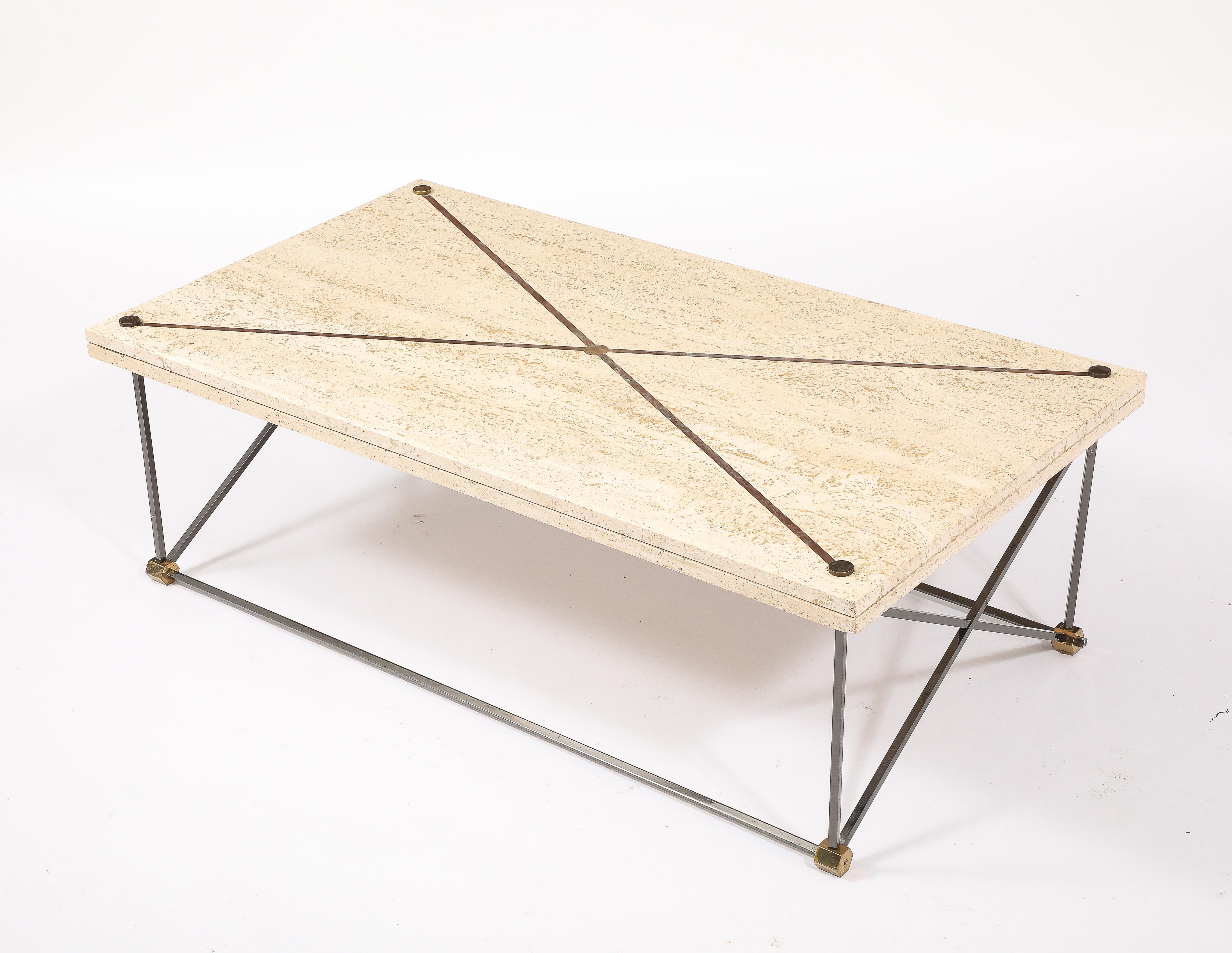 Table basse en travertin, bronze et bronze à canon, France, années 1960 en vente 11