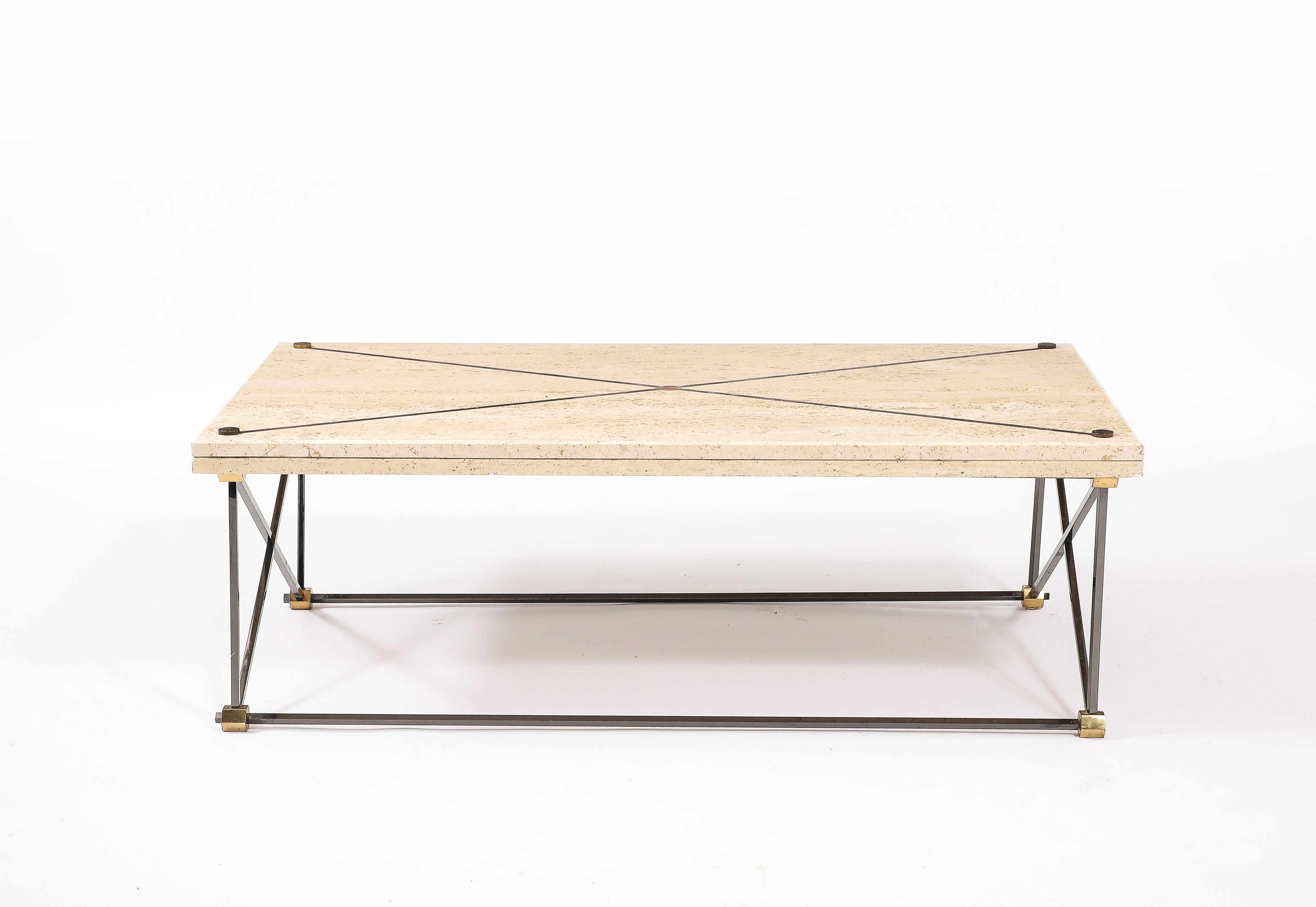 Table basse en travertin, bronze et bronze à canon, France, années 1960 en vente 12