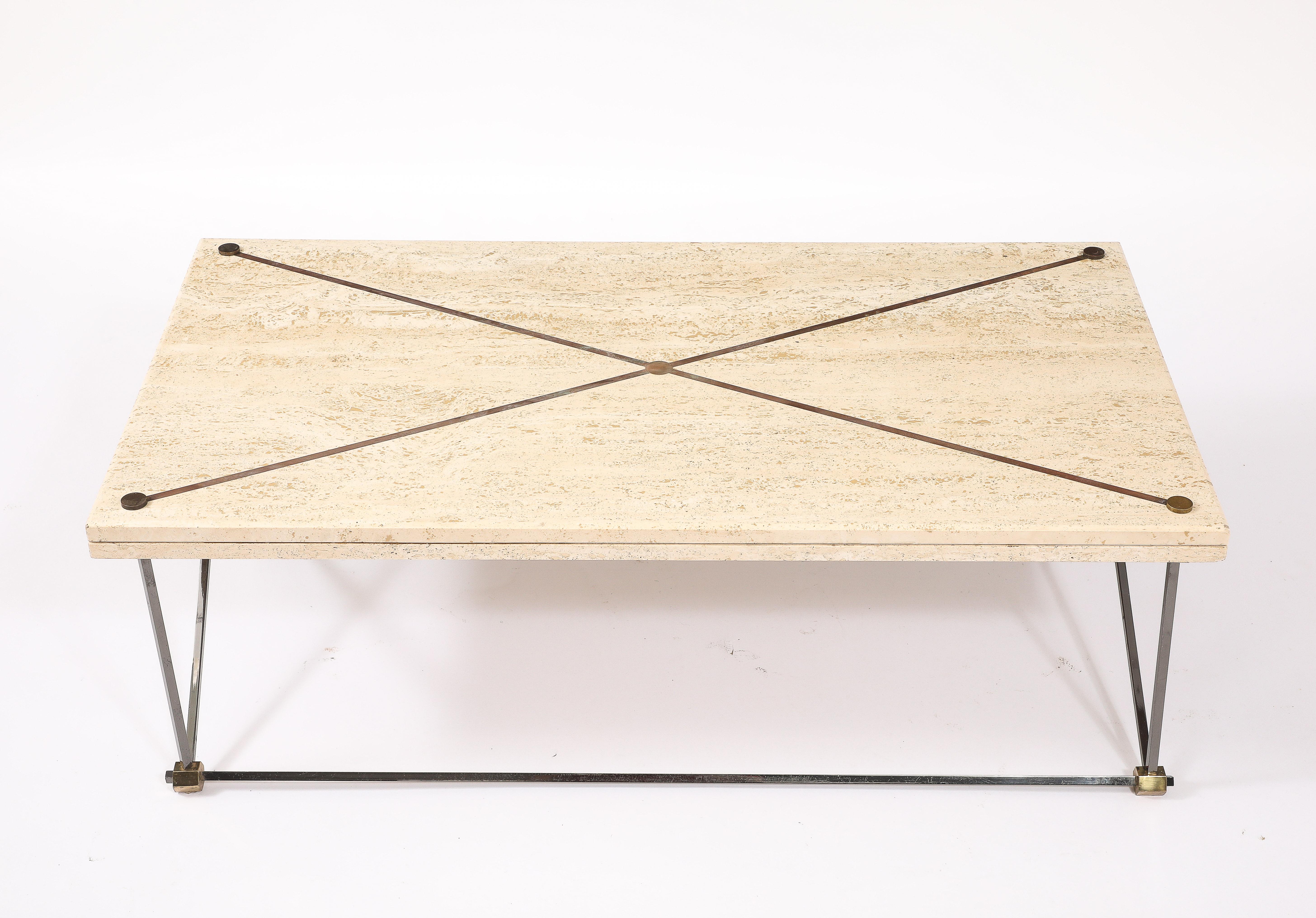Mid-Century Modern Table basse en travertin, bronze et bronze à canon, France, années 1960 en vente
