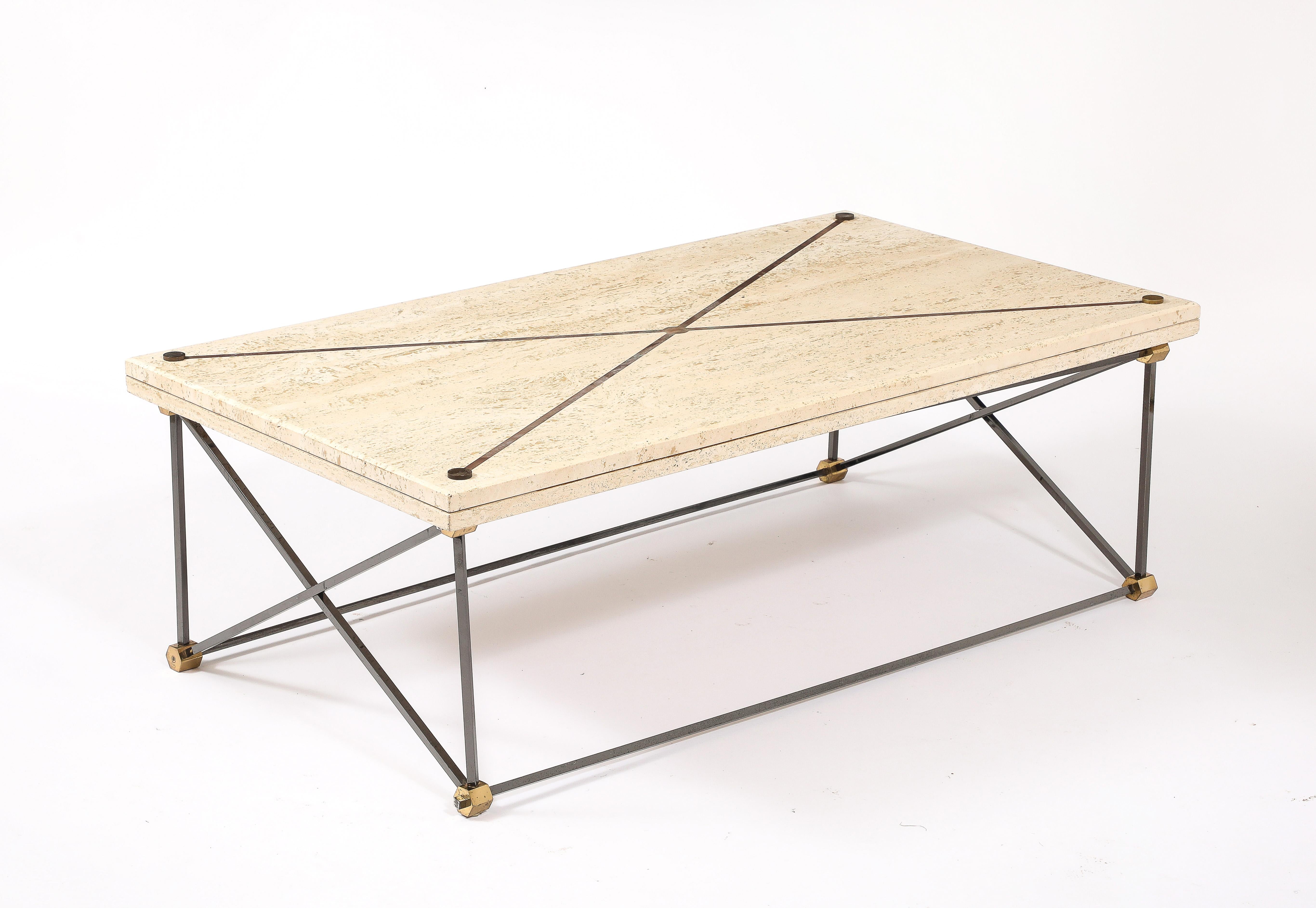 Table basse en travertin, bronze et bronze à canon, France, années 1960 en vente 1