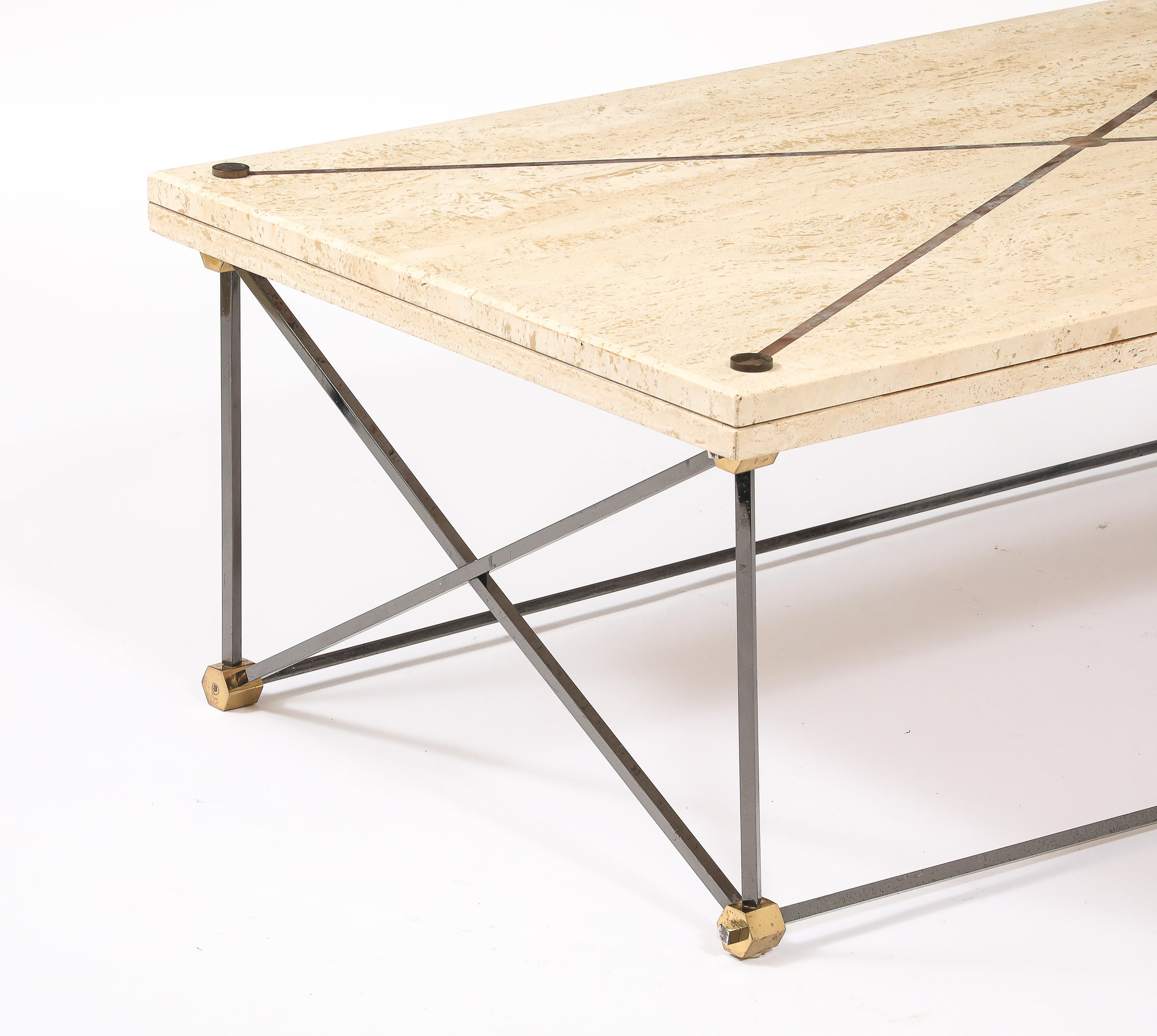 Table basse en travertin, bronze et bronze à canon, France, années 1960 en vente 2