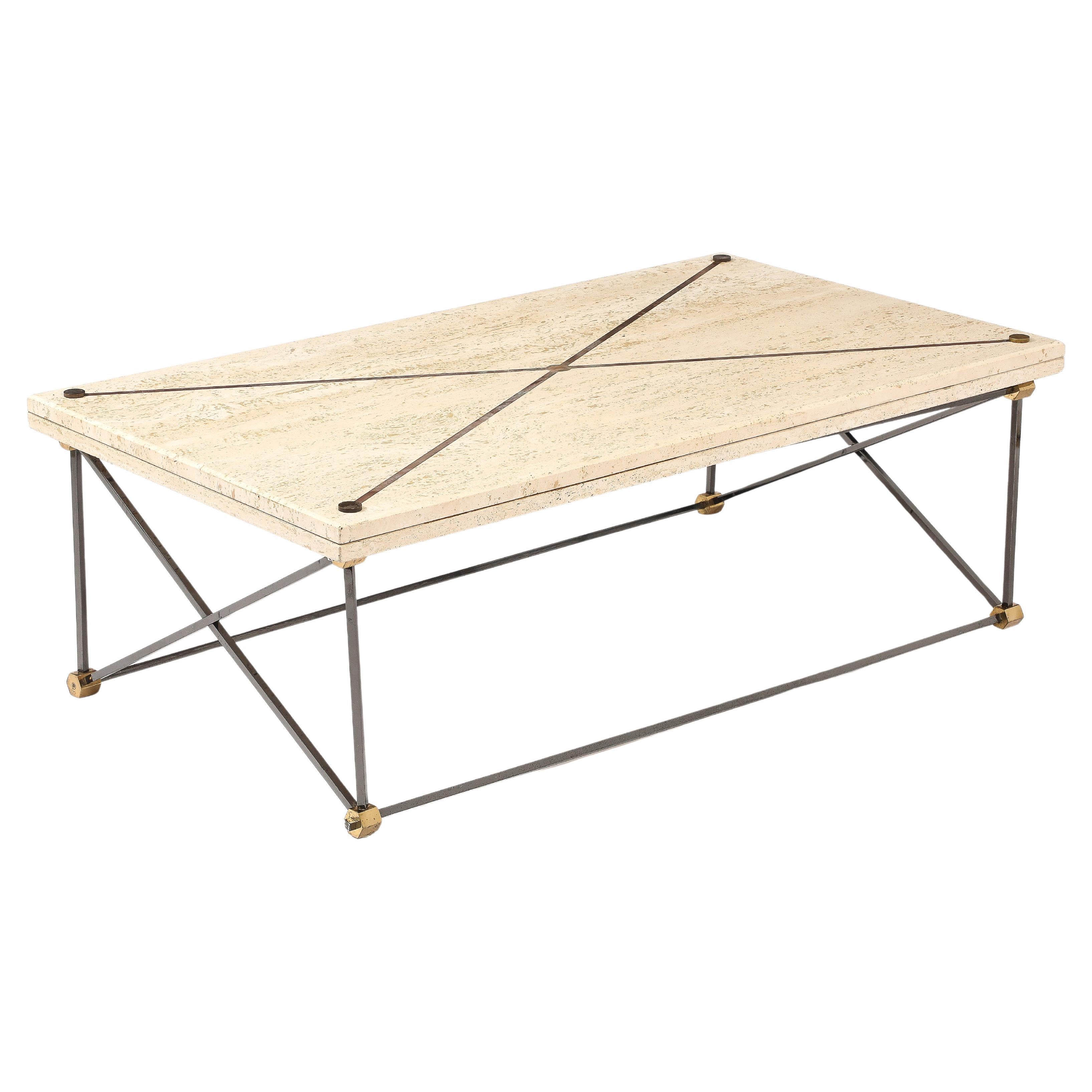 Table basse en travertin, bronze et bronze à canon, France, années 1960 en vente