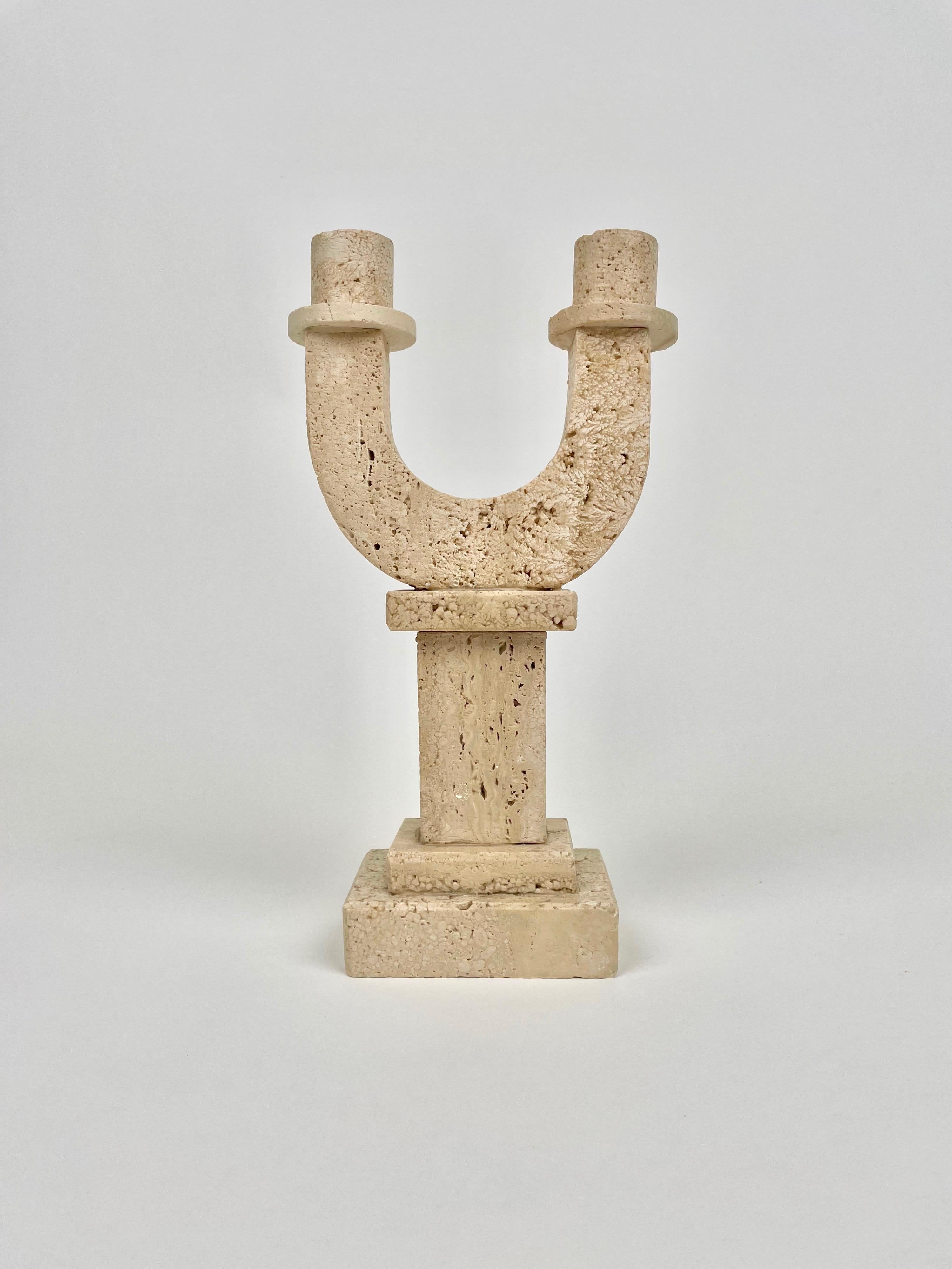 Bifurcate candle holder in travertine by Fratelli Mannelli. 

Made in Italy in the 1970s.