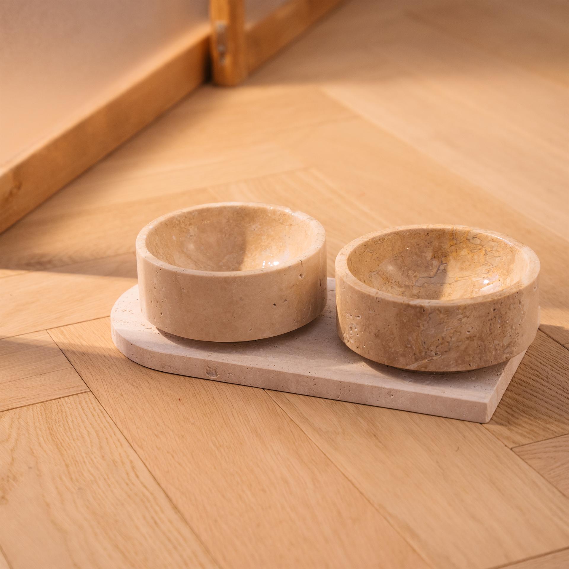 Modern Travertine Cat or Dog Bowl Set For Sale