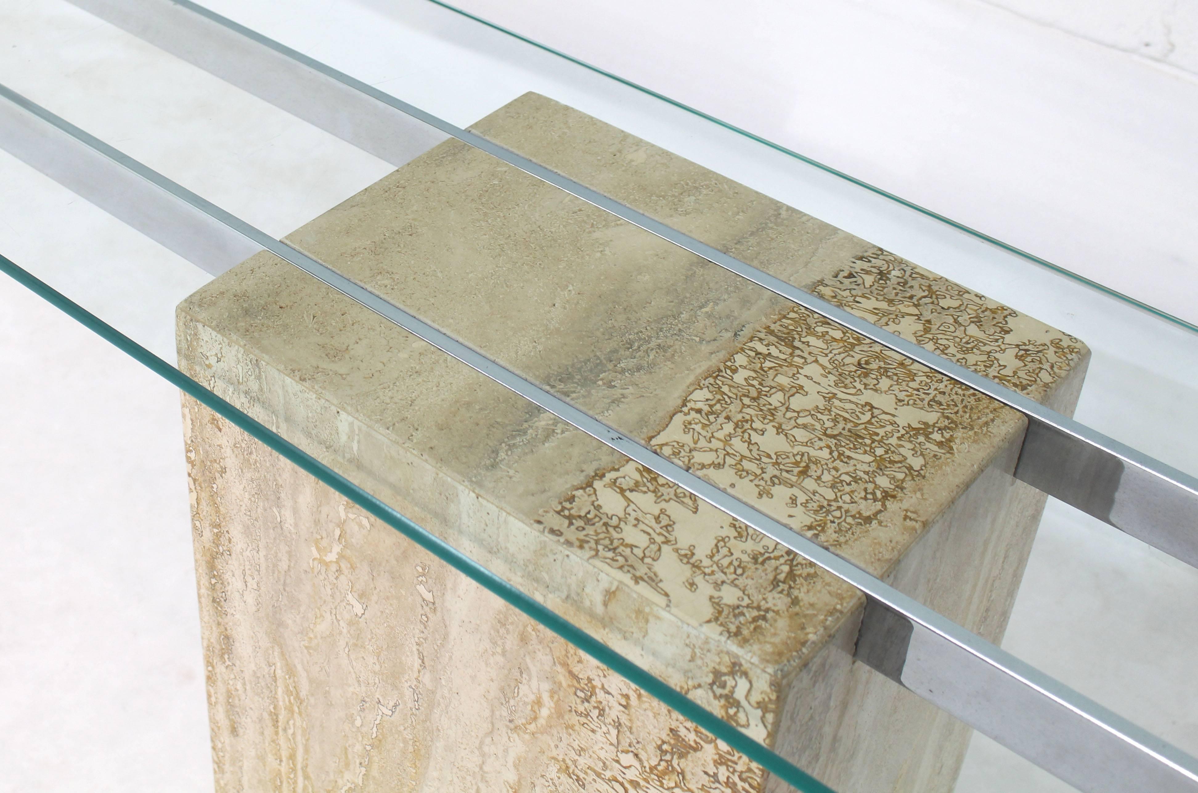 Travertine and chrome base glass top console sofa table.