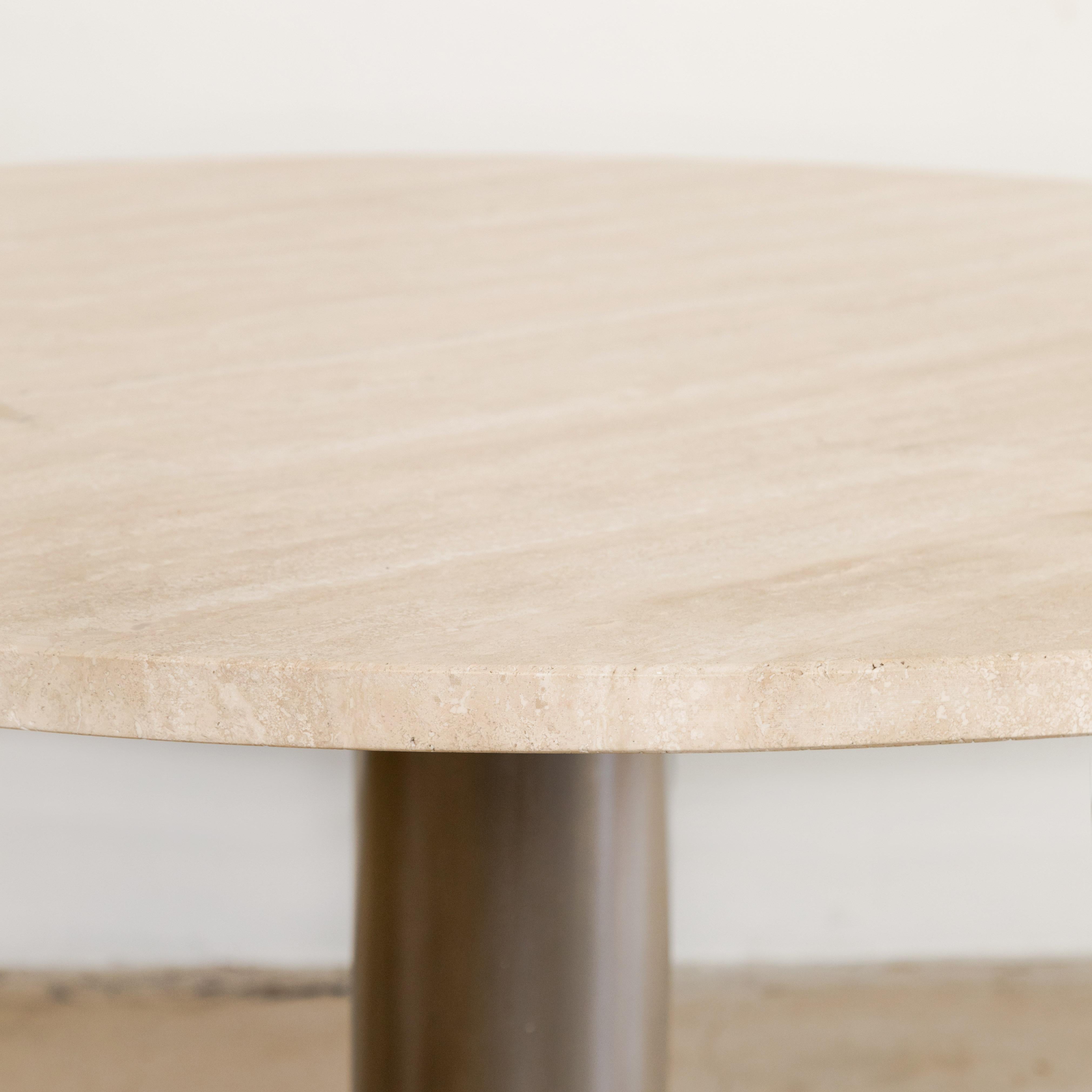 Travertine + Chrome Pedestal Dining Table In Good Condition For Sale In West Hollywood, CA
