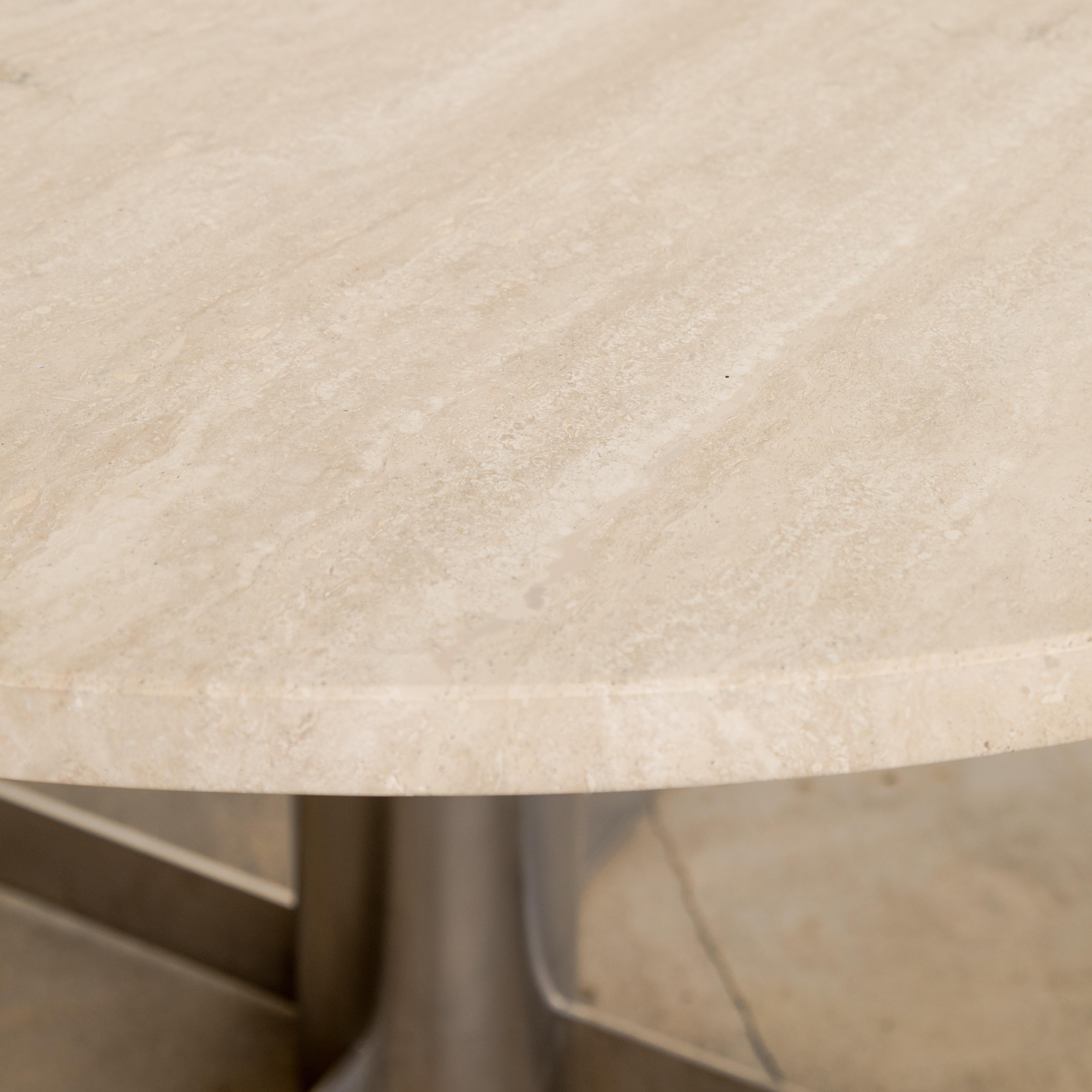 Late 20th Century Travertine + Chrome Pedestal Dining Table For Sale