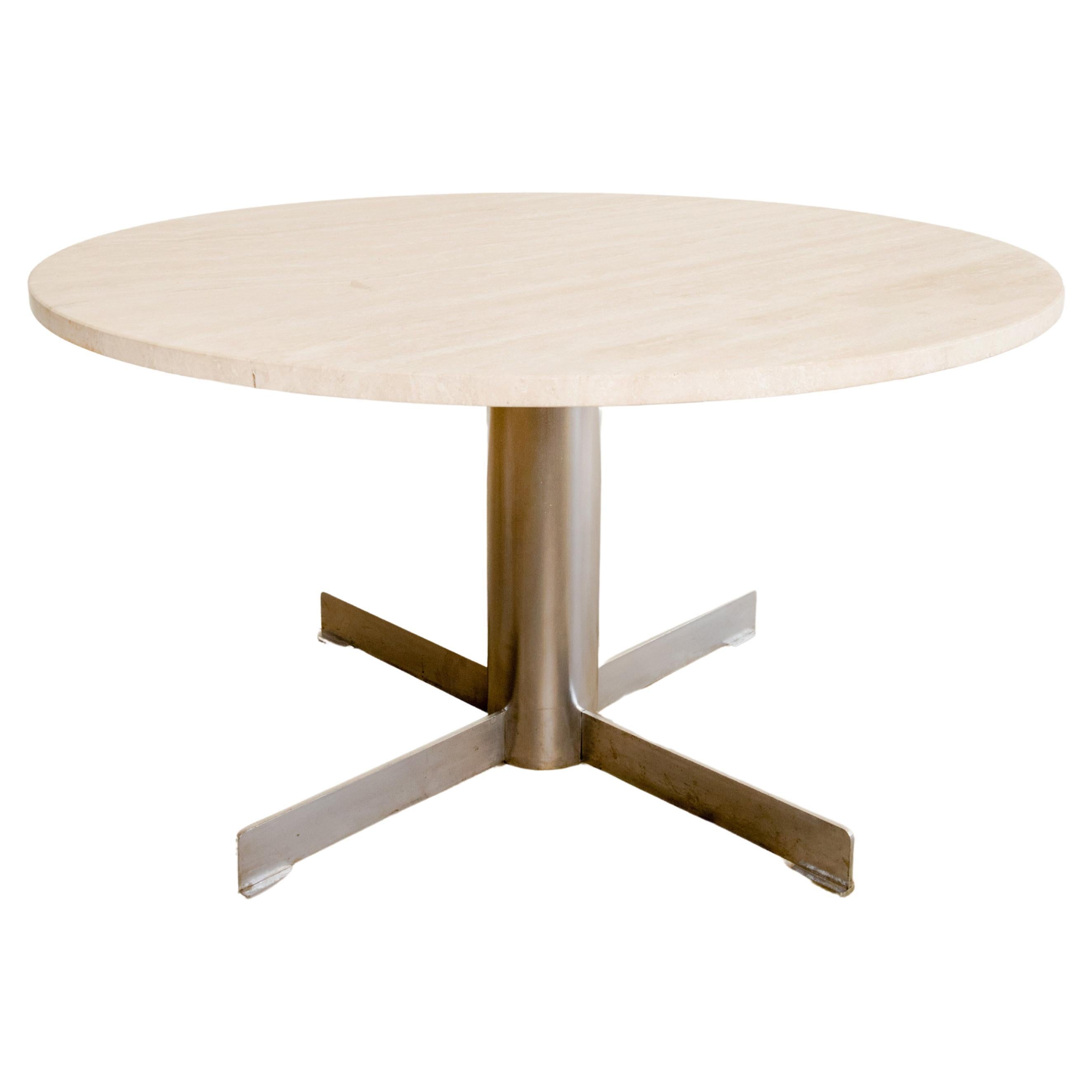 Travertine + Chrome Pedestal Dining Table For Sale