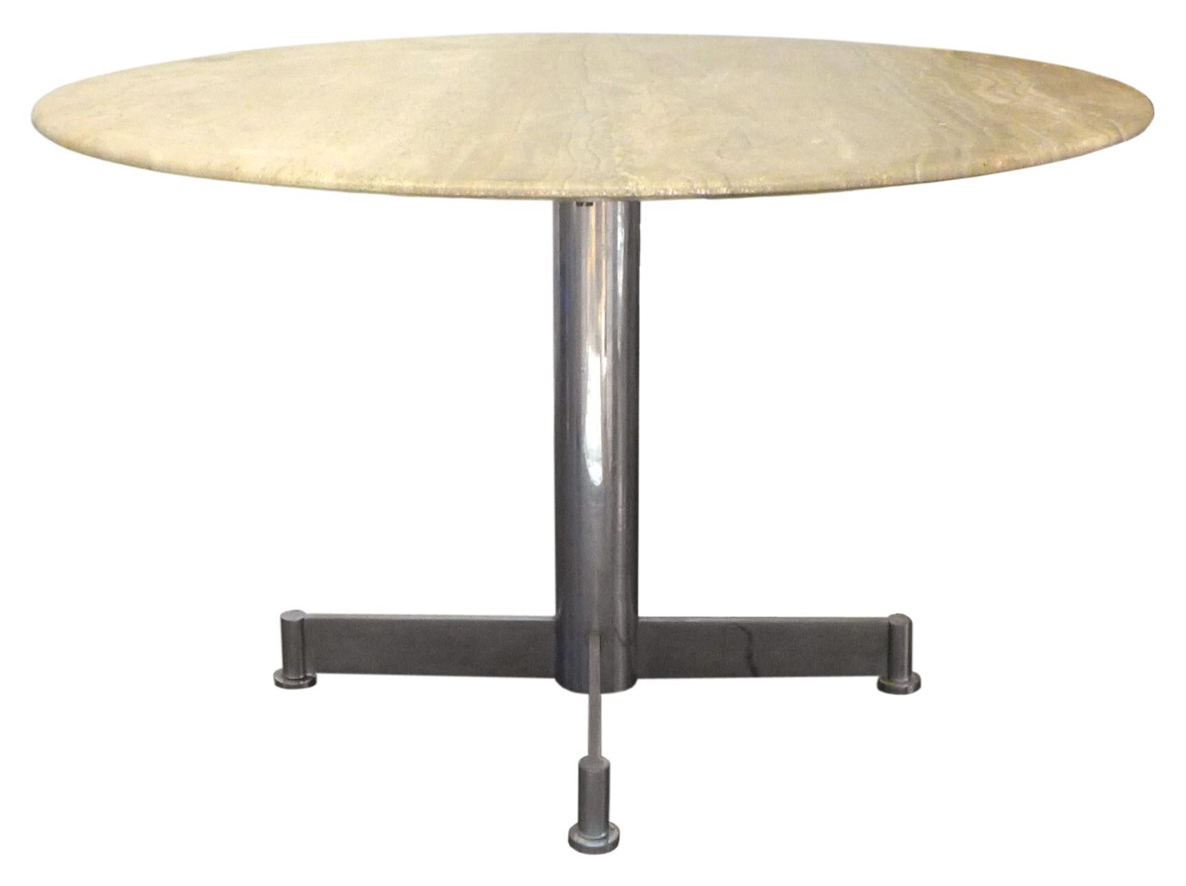 Travertine & Chrome Steel Round Dining Table (Moderne) im Angebot