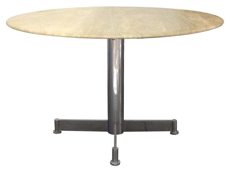 Modern Travertine & Chrome Steel Round Dining Table