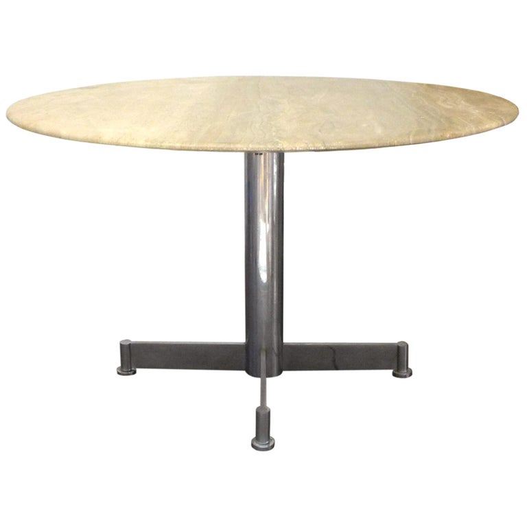 Travertine & Chrome Steel Round Dining Table