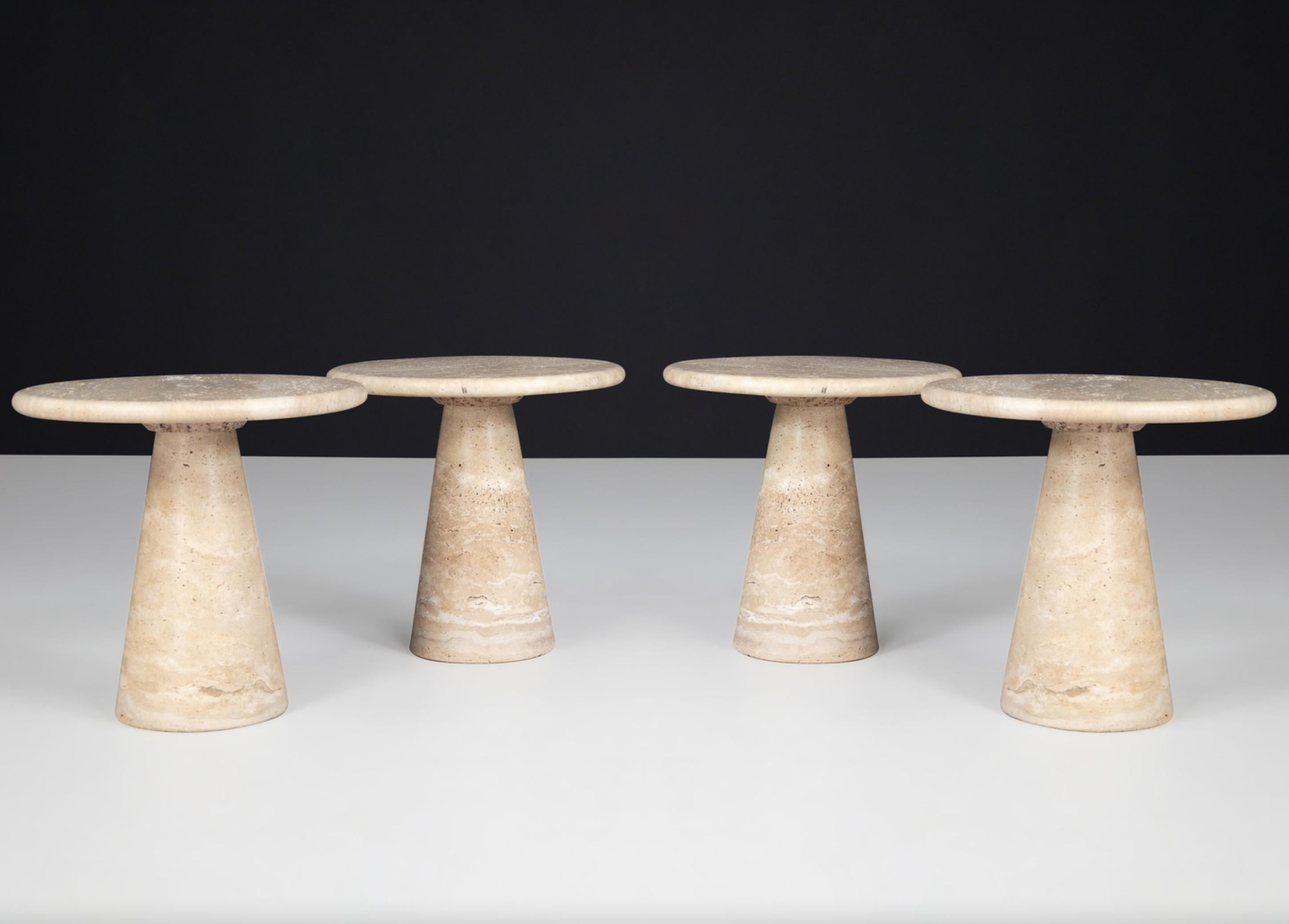 Modern circular travertine side tables or coffee tables, Italy 1980s

Set of four modern circular travertine side tables or coffee tables, Italy 1980s. A set of four circular side tables style of Angelo Mangiarotti in travertine with a