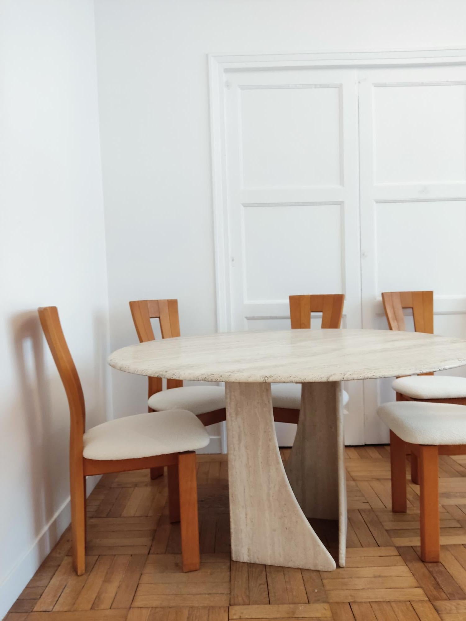 French travertine circular table + 6 woods chairs  For Sale