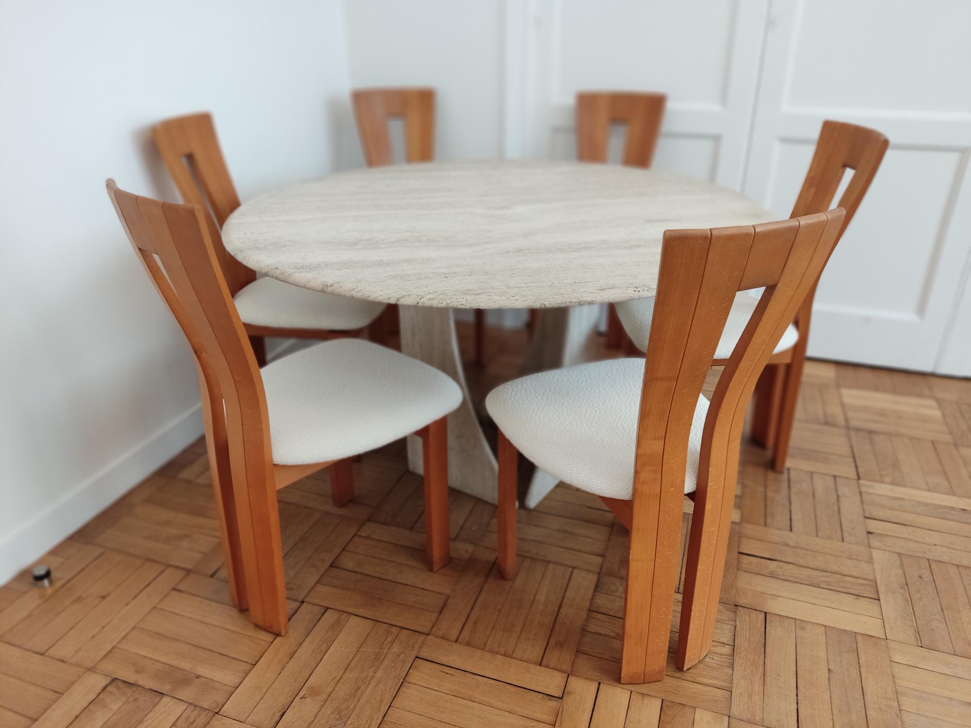 20th Century travertine circular table + 6 woods chairs  For Sale