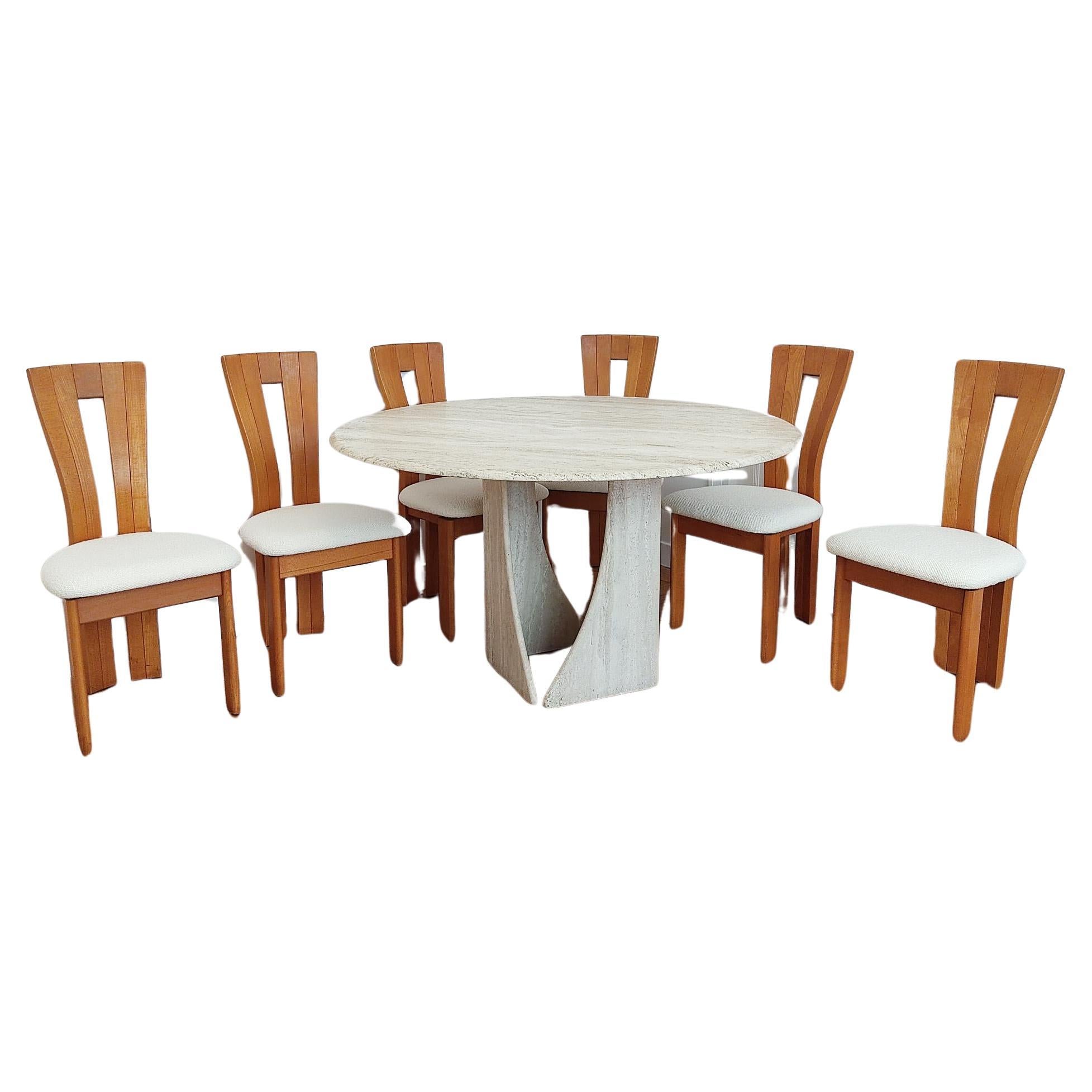 travertine circular table + 6 woods chairs  For Sale