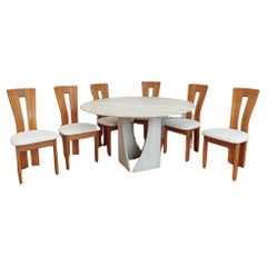 Vintage travertine circular table + 6 woods chairs 