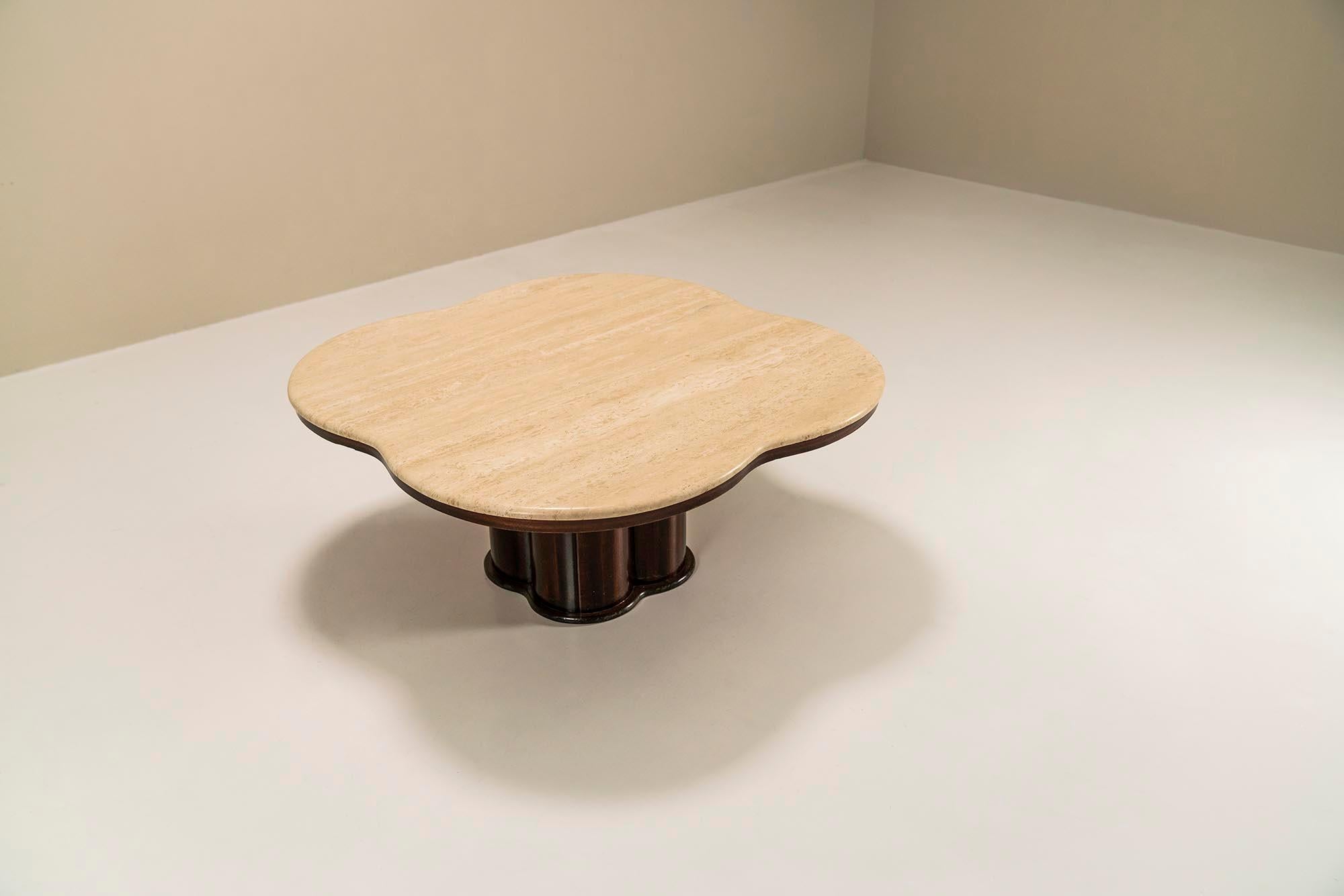 Mid-Century Modern Travertine Clover Shaped Coffee Table With Wooden Base, France 1970's.