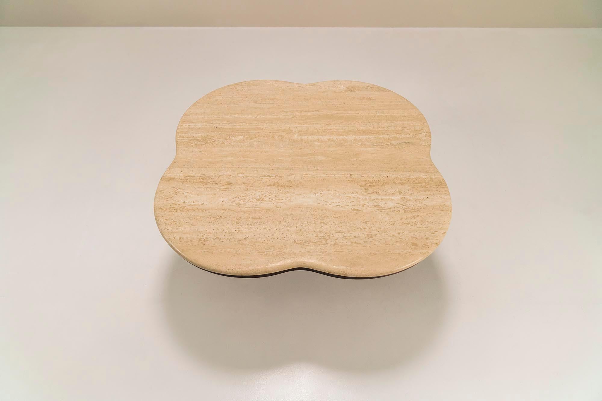 French Travertine Clover Shaped Coffee Table With Wooden Base, France 1970's.