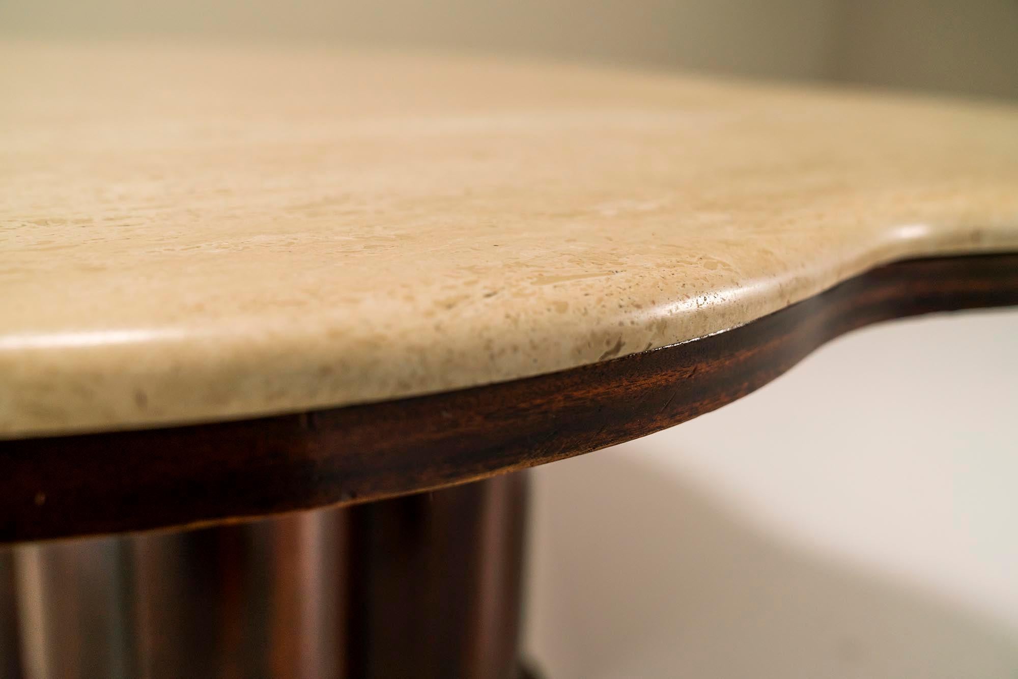 Travertine Clover Shaped Coffee Table With Wooden Base, France 1970's. 1