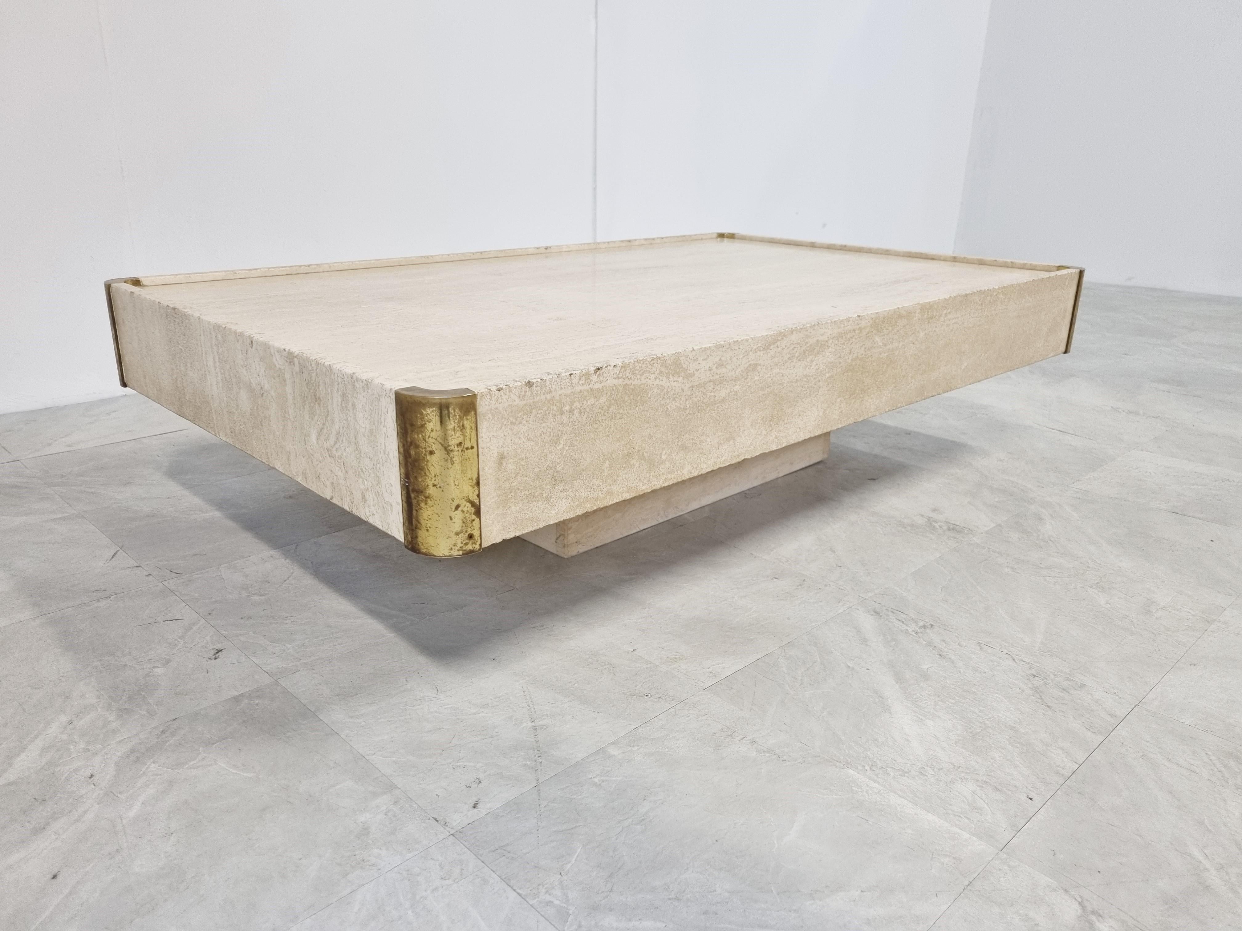 Brass Travertine Coffee Table by Willy Rizzo, 1970s