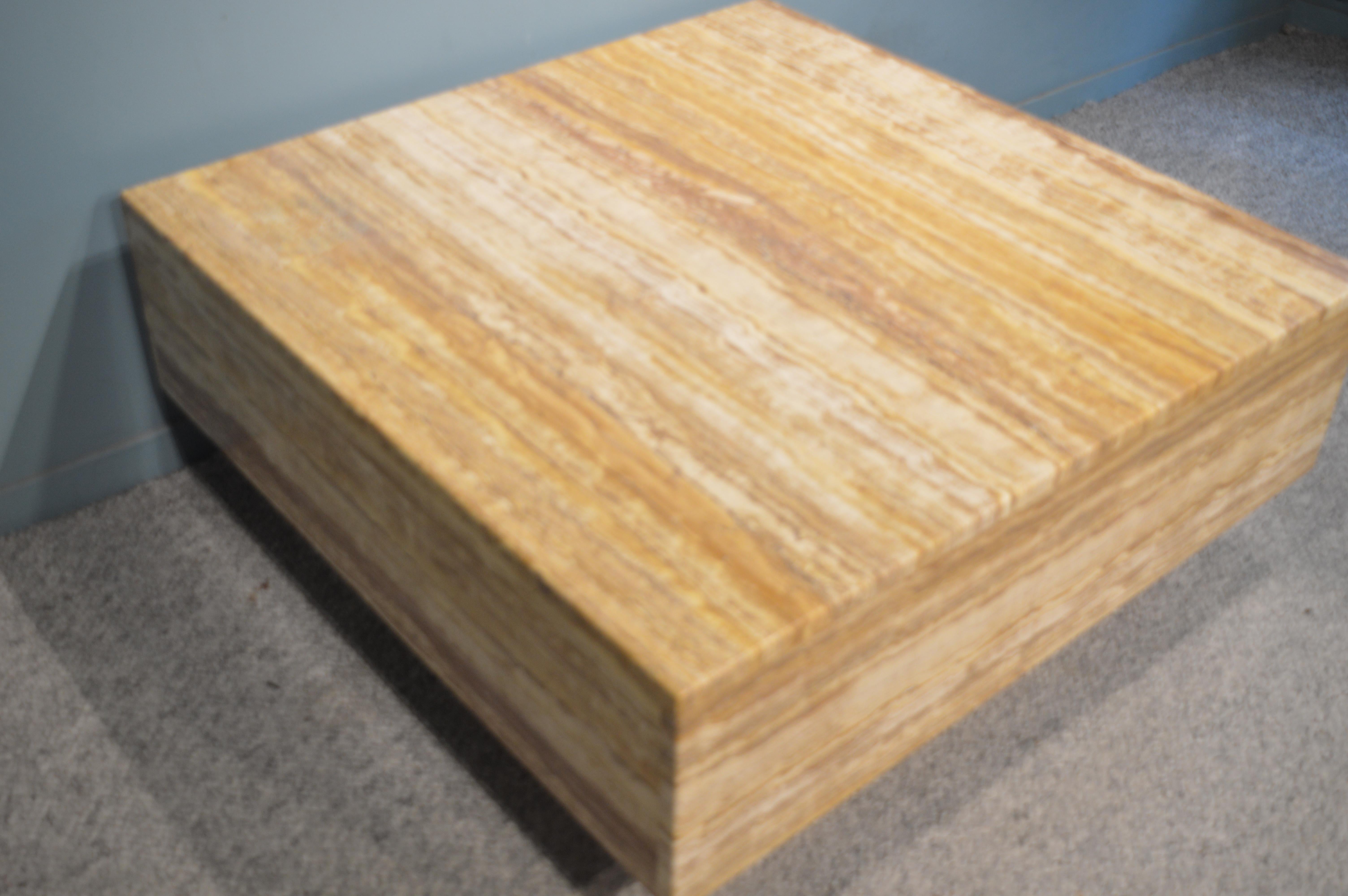 Very decorative coffee table in yellow sienna travertine.
French work, circa 1970.
Very massive and quality table.