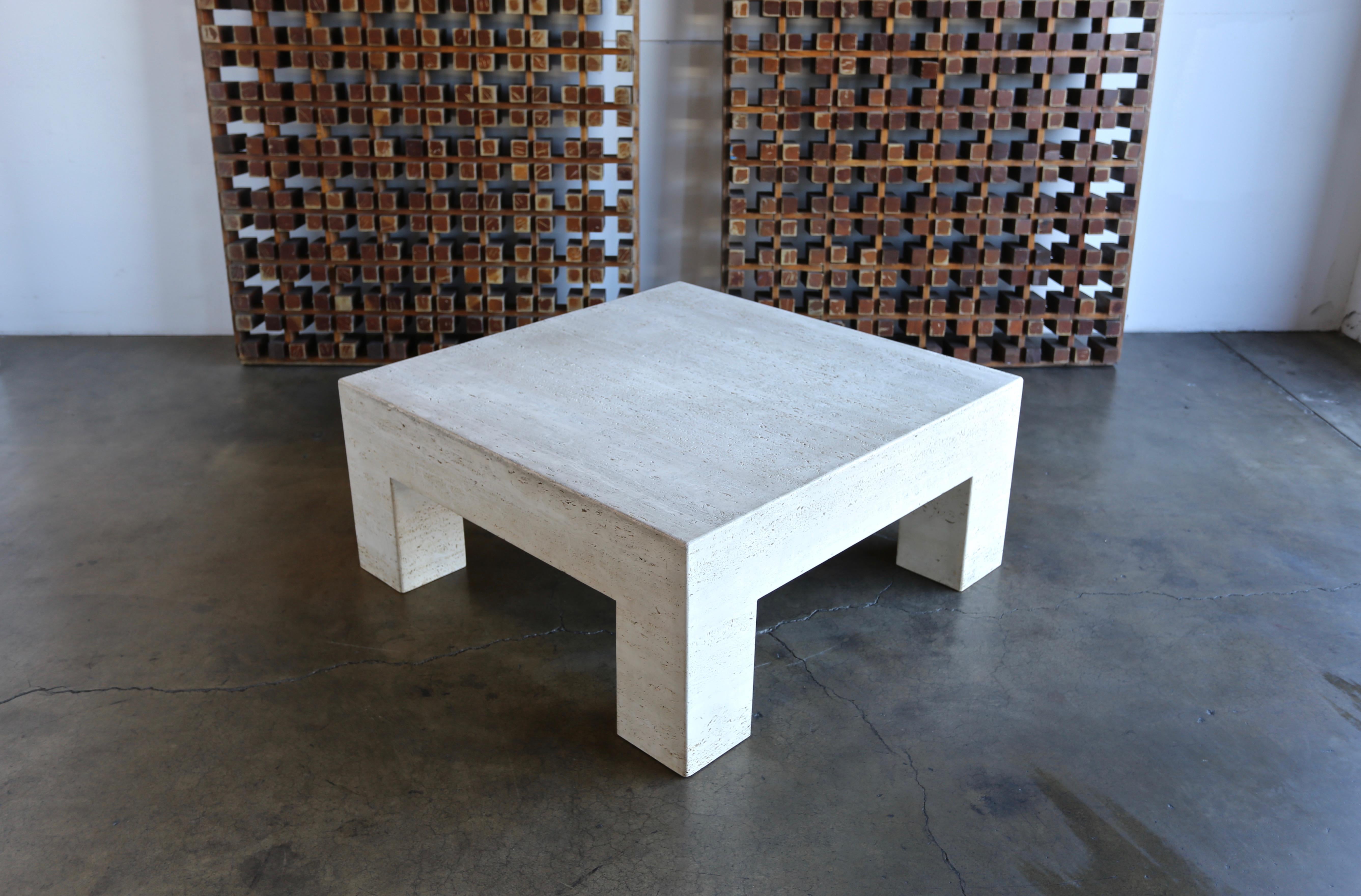 Square Parsons style travertine coffee table, circa 1980.