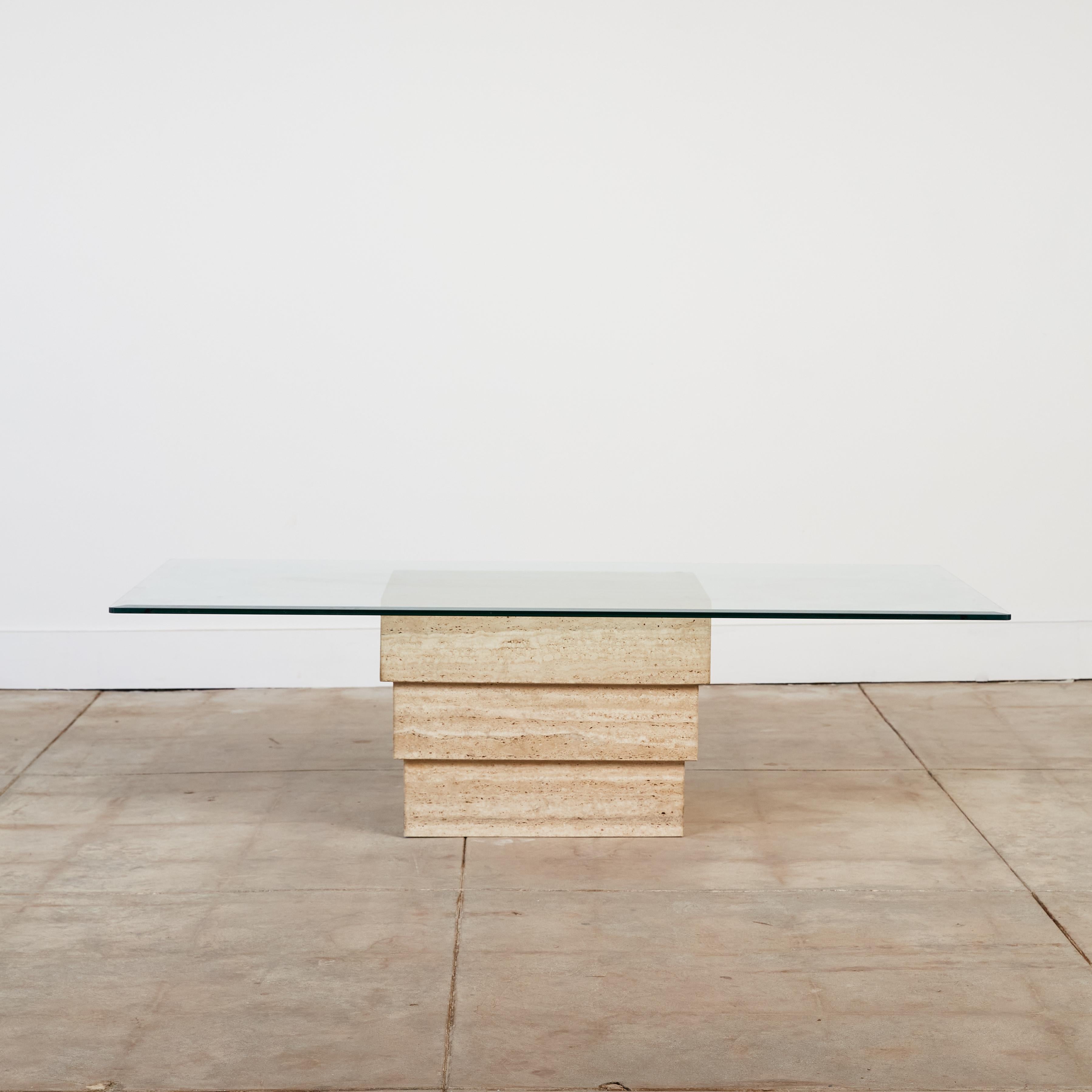 Post-Modern Travertine Coffee Table with Glass Top